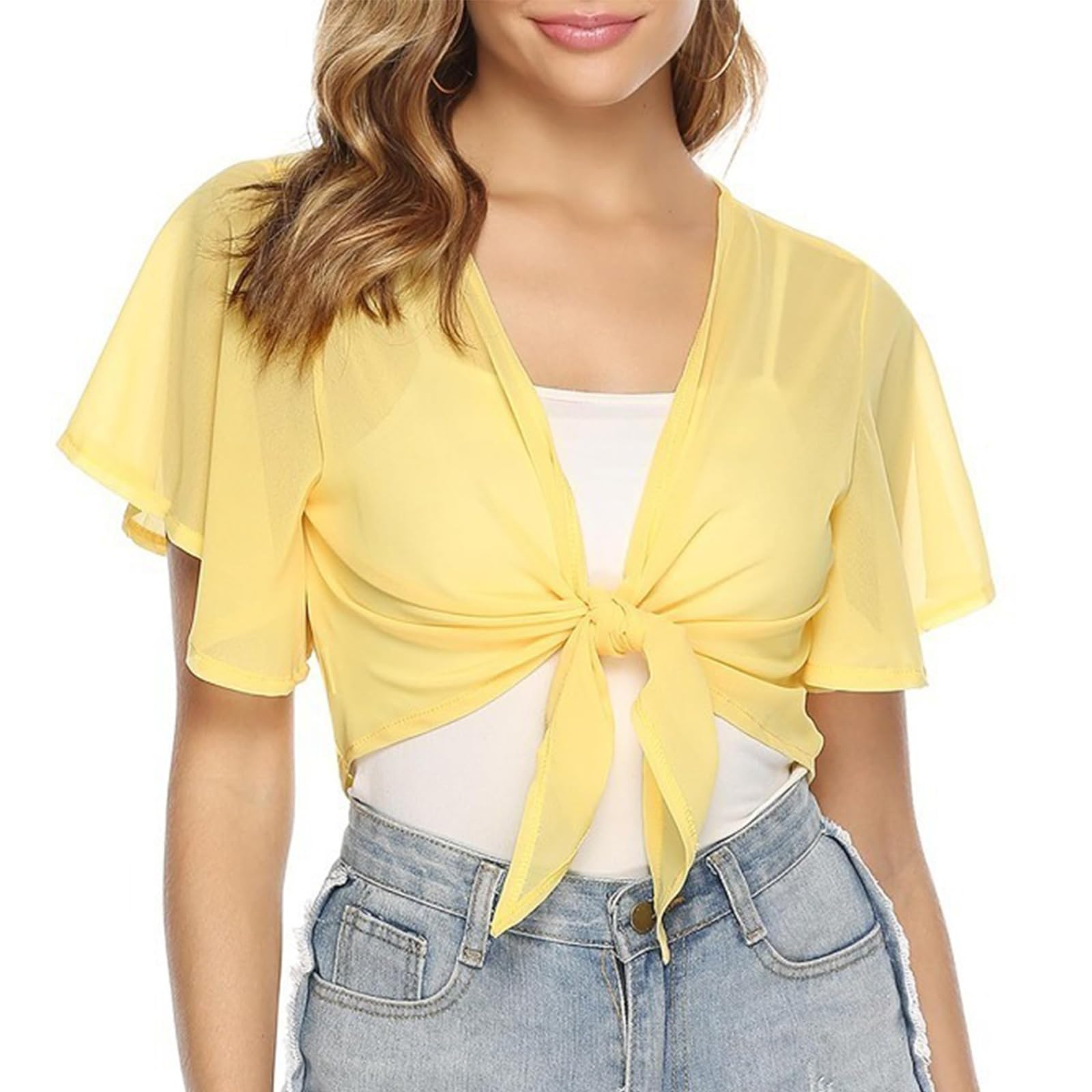 Buxuaaaa Women's Yellow Sheer Chiffons Short Sleeve Tie Front Shrugs Boleros For Cropped Kimono Cardigans Perfect With Cami Dresses Lightweight Coverups