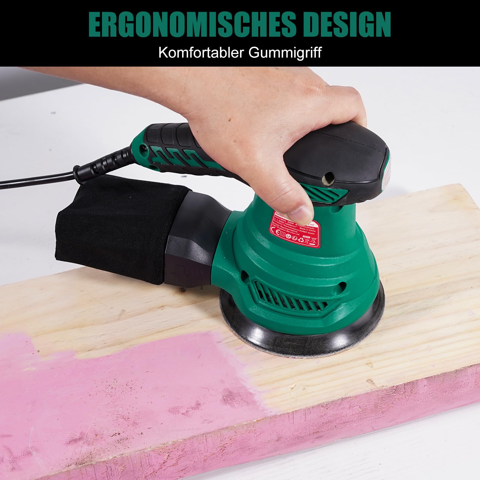 HYCHIKA Exzenterschleifer, 300W Schleifmaschine mit Absaugung für Holz, 6 Geschwindigkeiten 6000-13000 U/min, mit 12pcs Schleifpapier 125mm klett, Staubfangbehälter