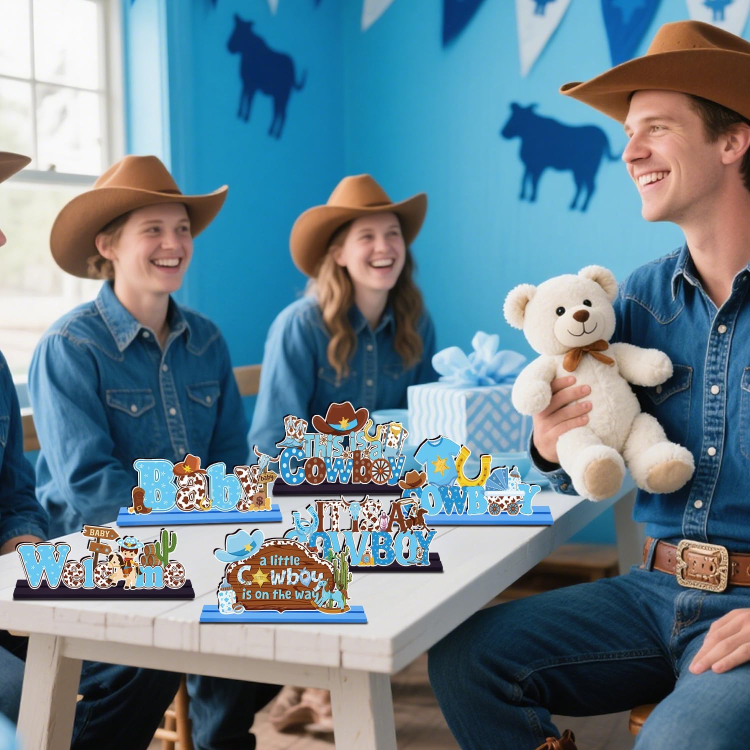Gameza Wooden Cowboy Baby Shower Decorations, 6PCS Western Themed Table Centerpieces Sign Party Decorations Supplies, It's A Cowboy Baby Shower Decor