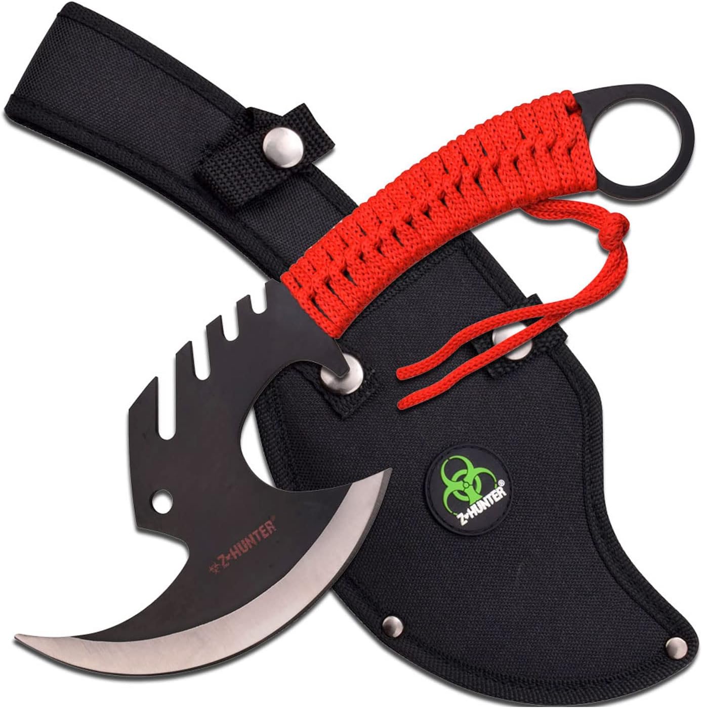 Z Hunter - Fantasy Axe - Black and Satin Finish Stainless Steel Axe Head, Black Stainless Steel Handle w/Red Cord Wrap, Full Tang, Well Balanced, Zombie Slayer - ZB-AXE3R