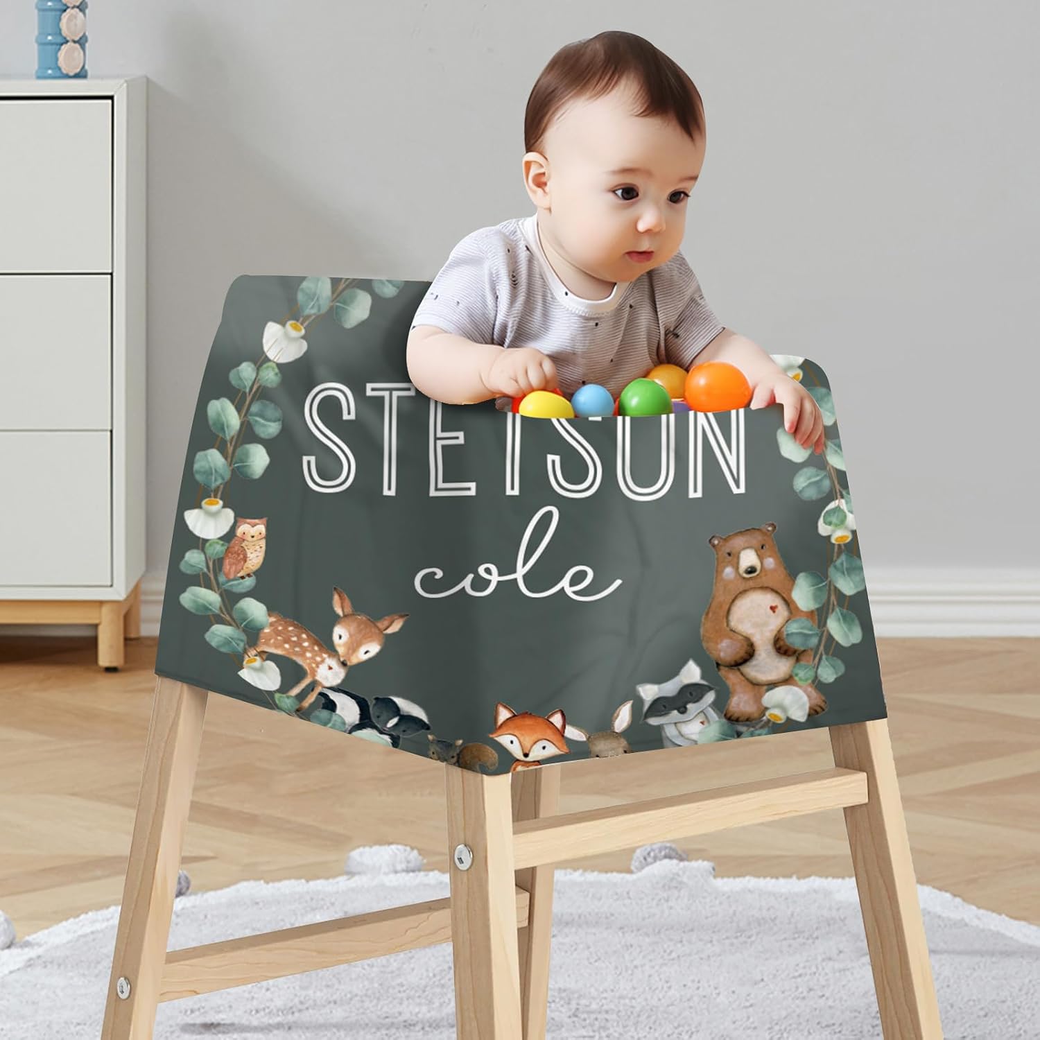 Personalized Baby Car Seat Cover Stroller Canopy: Custom Name Newborn Baby Boy Girl Elastic Woodland Animals Nursing Cover for Moms First Birthday Gift Dark Green(one Size)