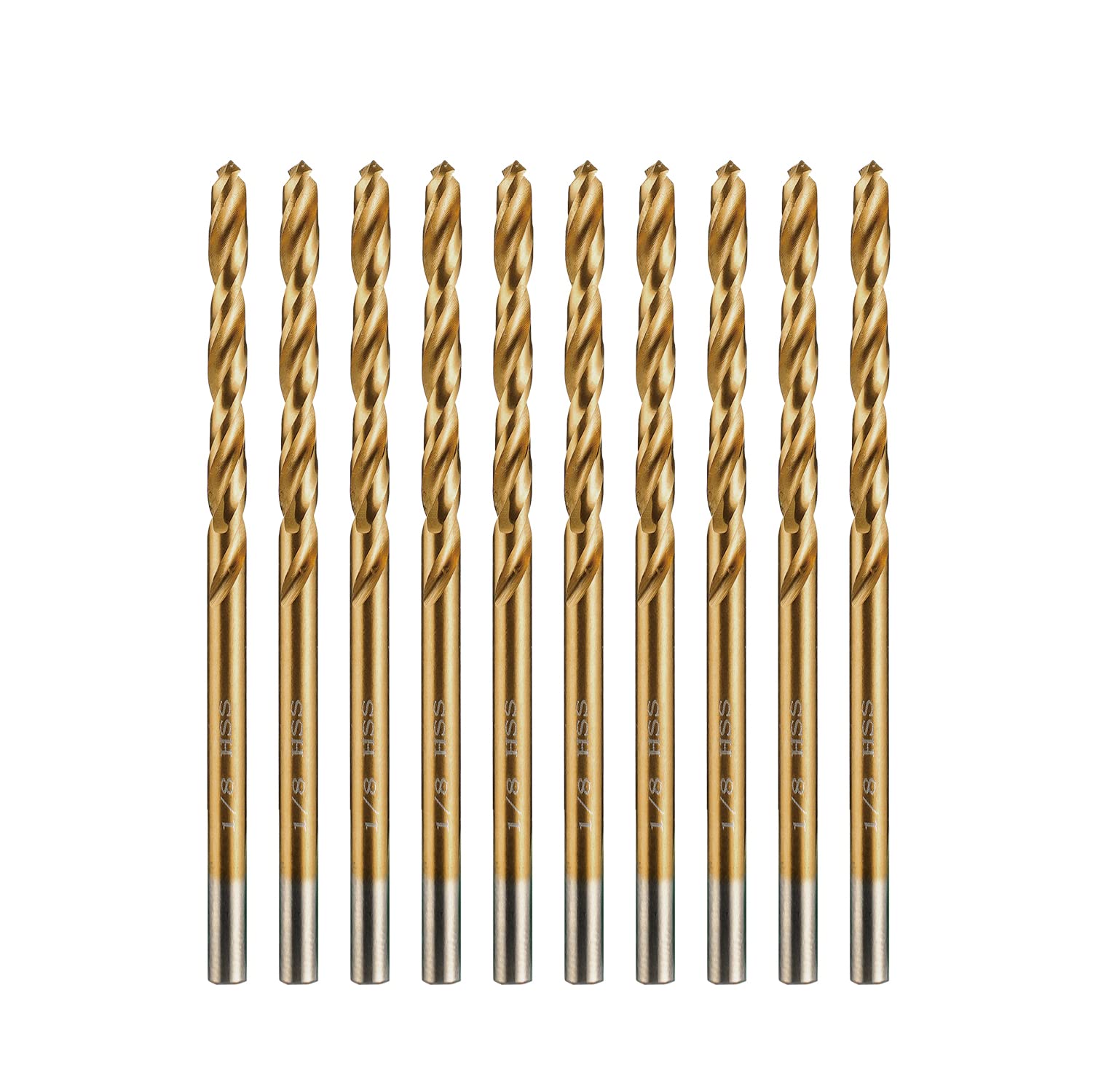amoolo 1/8" Titanium Drill Bits (10pcs), Premium 4341 HSS Metal Drill Bits for Wood, Metal, Steel, Plastic, Aluminum Alloy