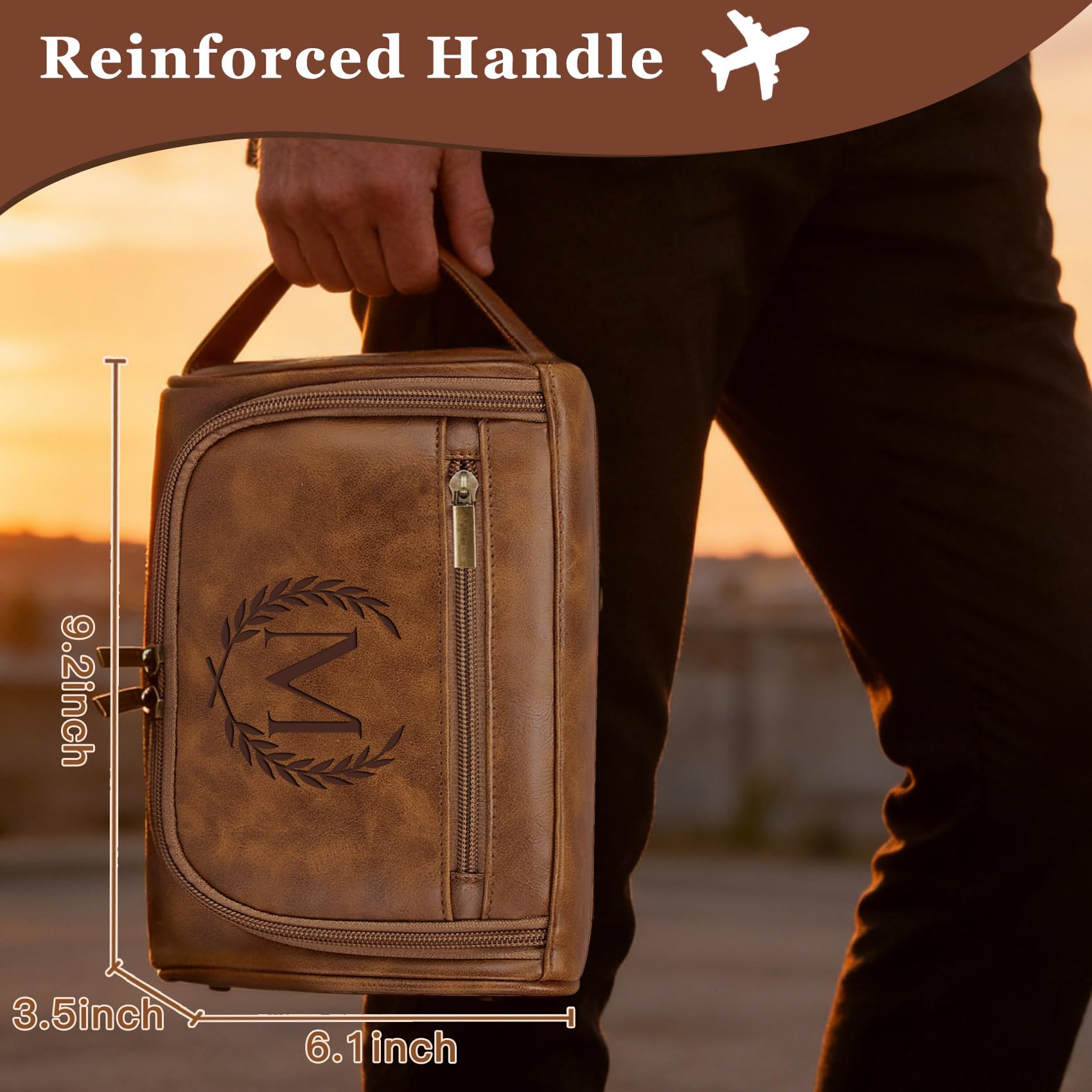 Borsa da toilette personalizzata in pelle PU impermeabile per uomo lui, iniziali personalizzate borsa da barba da uomo accessori essenziali da viaggio laureati regalo di laurea marrone chiaro L
