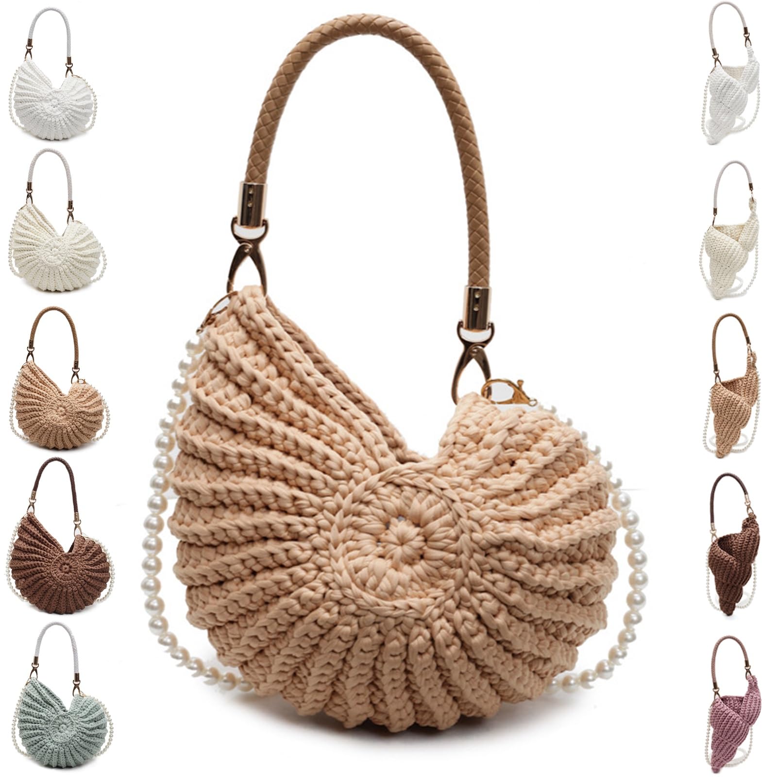 Bolso Bandolera de Crochet Artesanal en Forma de Concha con Correa de Perlas, Asa de Cuero y Herrajes Dorados, Clutch Boho Diseño Concha, Tote de Playa para Vacaciones de Verano