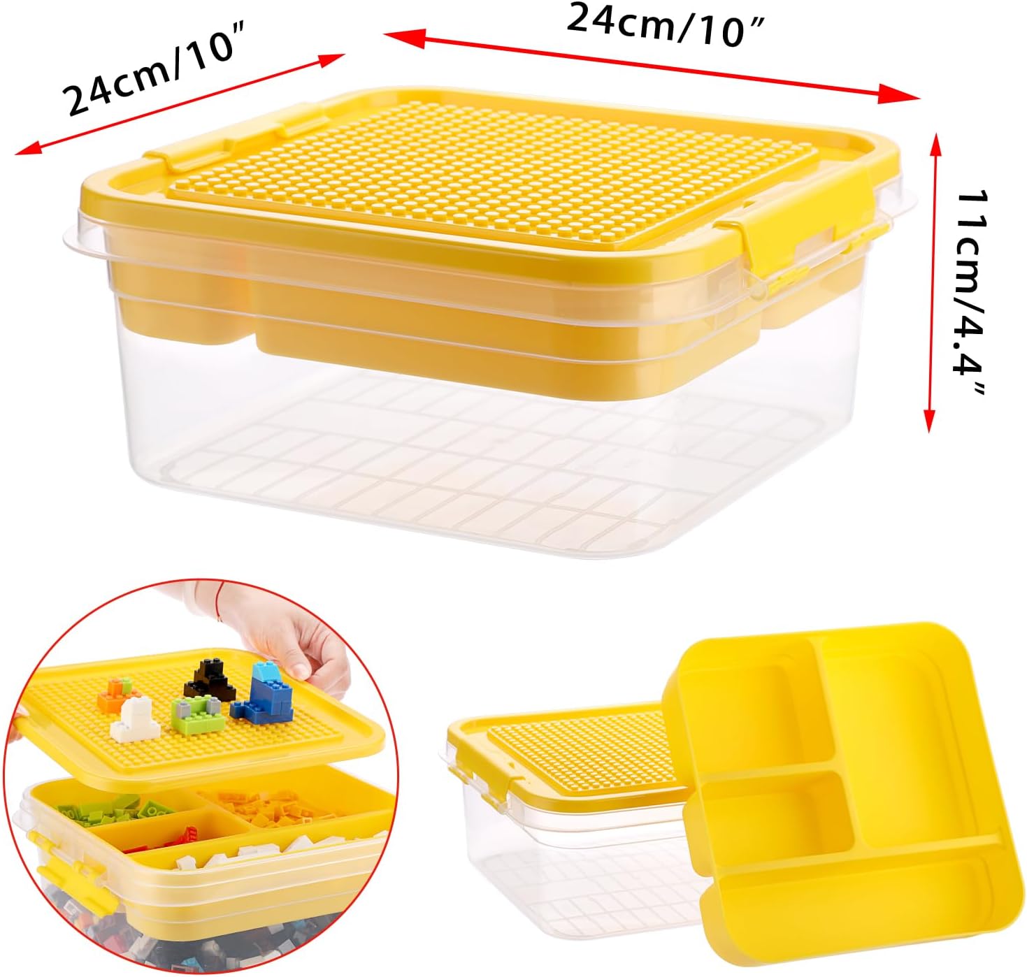 Plastic Storage Container with Bricks Baseplate Lid for Blocks, Yellow | Bricks Building Set Organization Bin with Compartments Tray, Stackable Storage Box Building Block Chest Case