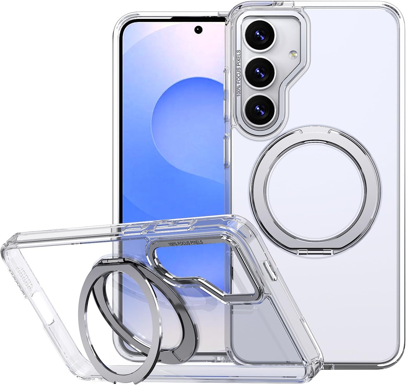 Desinged for Samsung Galaxy S25 FE Case with Ring Stand & Camera Protector, Translucent Anti-Fingerprint Case Fit for Magsafe, Shcokproof & Anti-Slip Cover for Samsung Galaxy S25 FE，Transparent