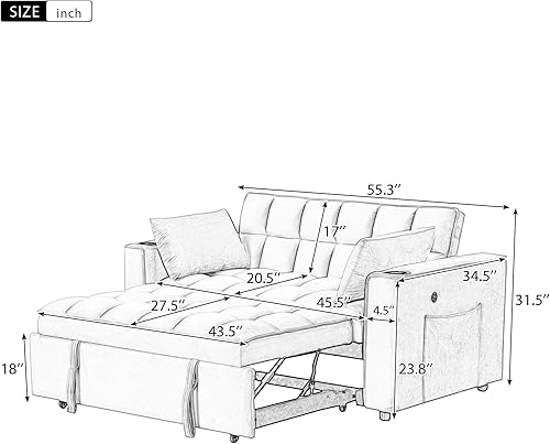 Miniatura 9 de Eafurn Sofá cama convertible multifuncional 3 en 1, cómodo sofá biplaza tapizado tipo futón, tumbona con respaldo ajustable, terciopelo negro de