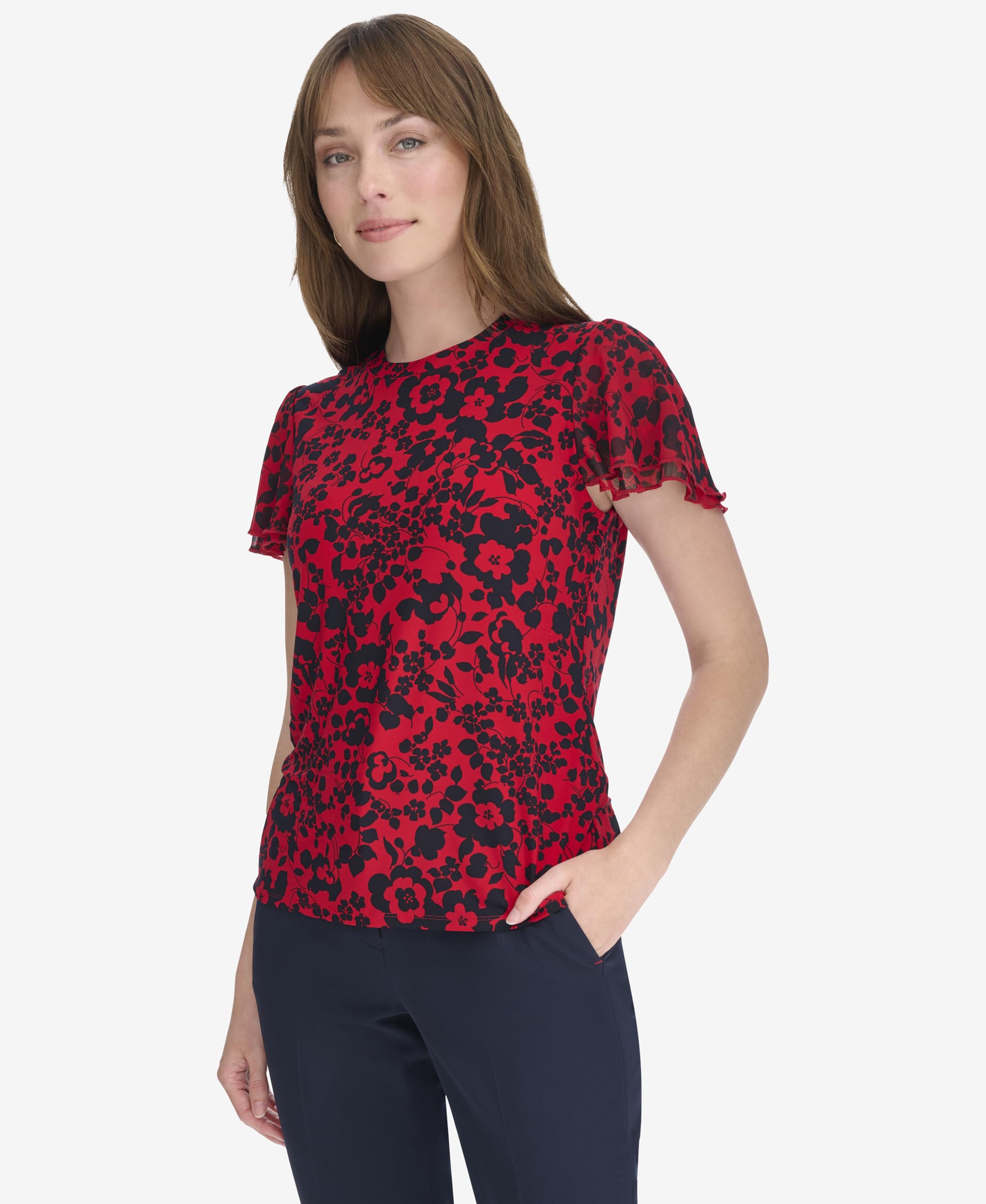 Tommy Hilfiger Damen Flutter Sleeve Floral Top Oberteil mit Flatterärmeln und Blumenmuster (1er Pack)
