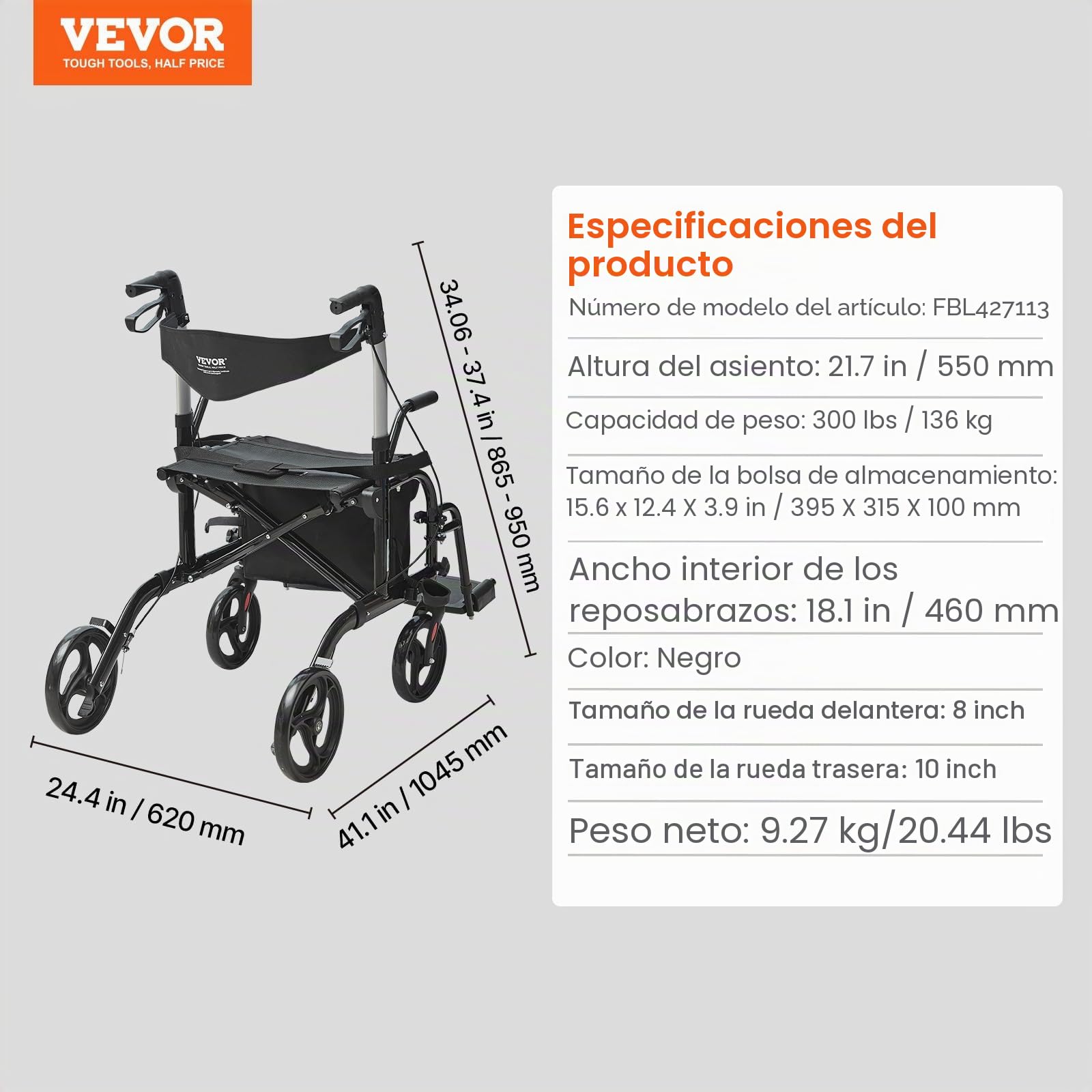 VEVOR Andador con Ruedas y Silla de Transporte para Personas Mayores, Andador Plegable con Ruedas y Reposapiés, Andador de Movilidad de Aluminio Ligero con Mango Ajustable, Ruedas Todo Terreno, 136 kg