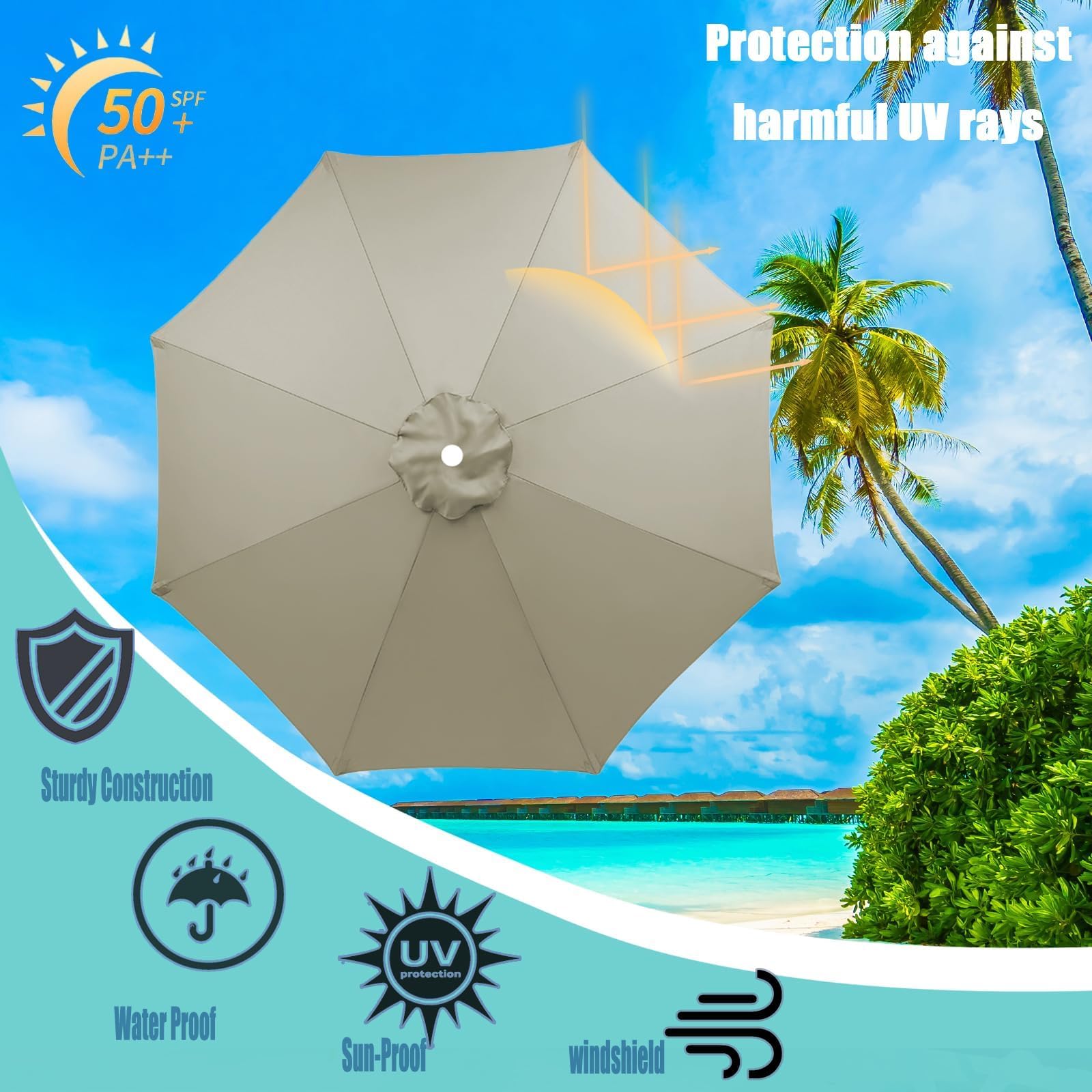 Parasole di ricambio per ombrellone da giardino, 3 m, impermeabile, con parasole, protezione UV, copertura di ricambio per 6 montanti, baldacchino di ricambio per ombrelloni esterni