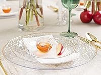 Vista 64 de PARTY BARGAINS 7" & 10" Organic Collection Hammered Appetizer and Dinner Plates Combo with Gold Rim – Transparent White, 32-Pack Disposable Plastic