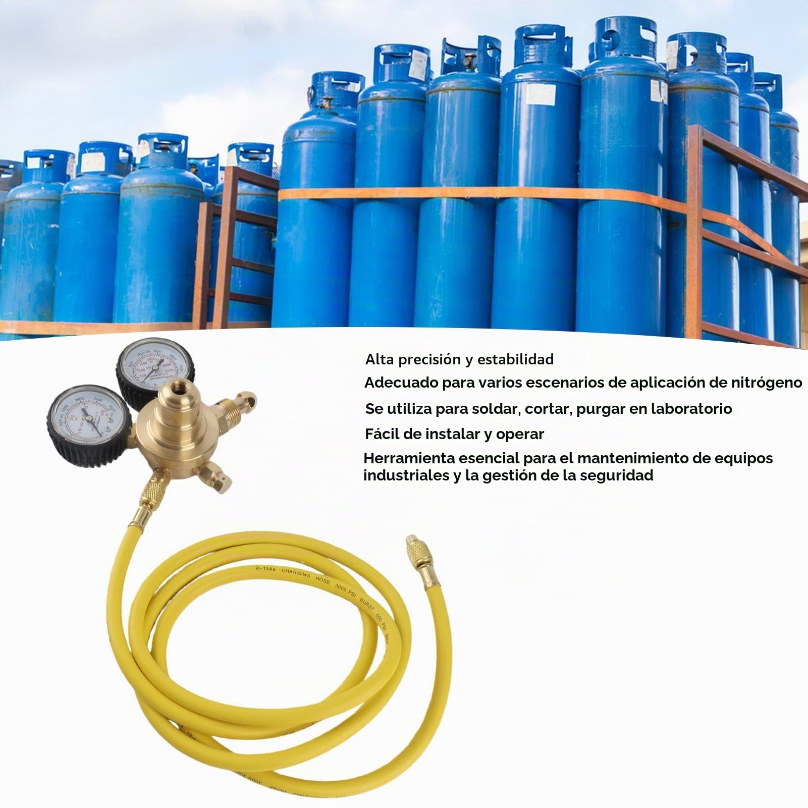 Regulador de Nitrógeno, Equipo de Presión de Suministro, Medidores de Conexión de Entrada y Salida de Latón con Manguera de Refrigeración de 6,6 Pies, Alta Presión 4000 Psi/28000