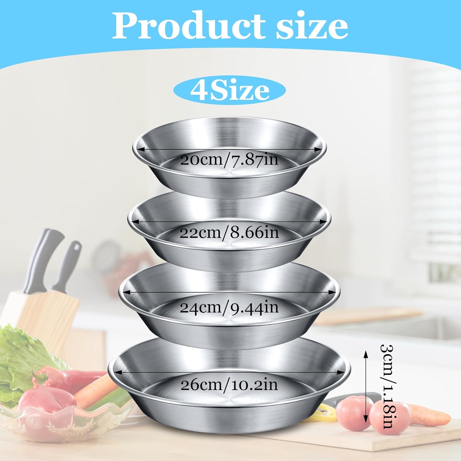 4 Pcs Stainless Steel Pie Pan Set 7.87",8.66",9.45",10.24" Pizza Pan Deep Pie Dish Pie Plate Baking Tray Dishes for Pizza Baking Serving Oven Grill, 4 Sizes - Image 2