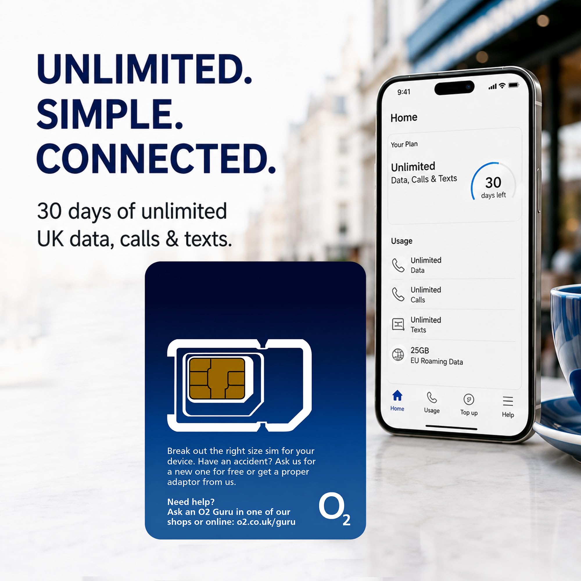 OneCall O2 Carte SIM prépayée 30 jours illimités 4G/5G 25 Go EU Roaming