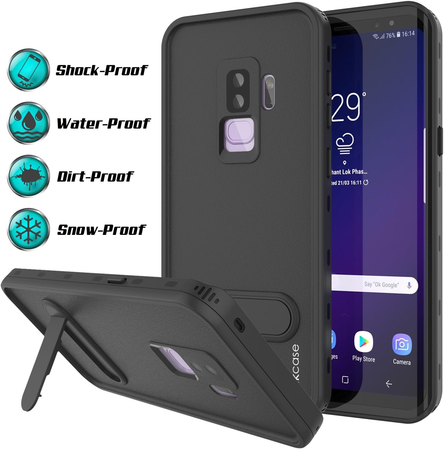 Galaxy S9 Plus Waterproof Case, Punkcase [Kickstud Series] [Slim Fit] [IP68 Certified] [Shockproof] [Dirtproof] [Snowproof] Armor Cover for Samsung Galaxy S9 Plus [Black]