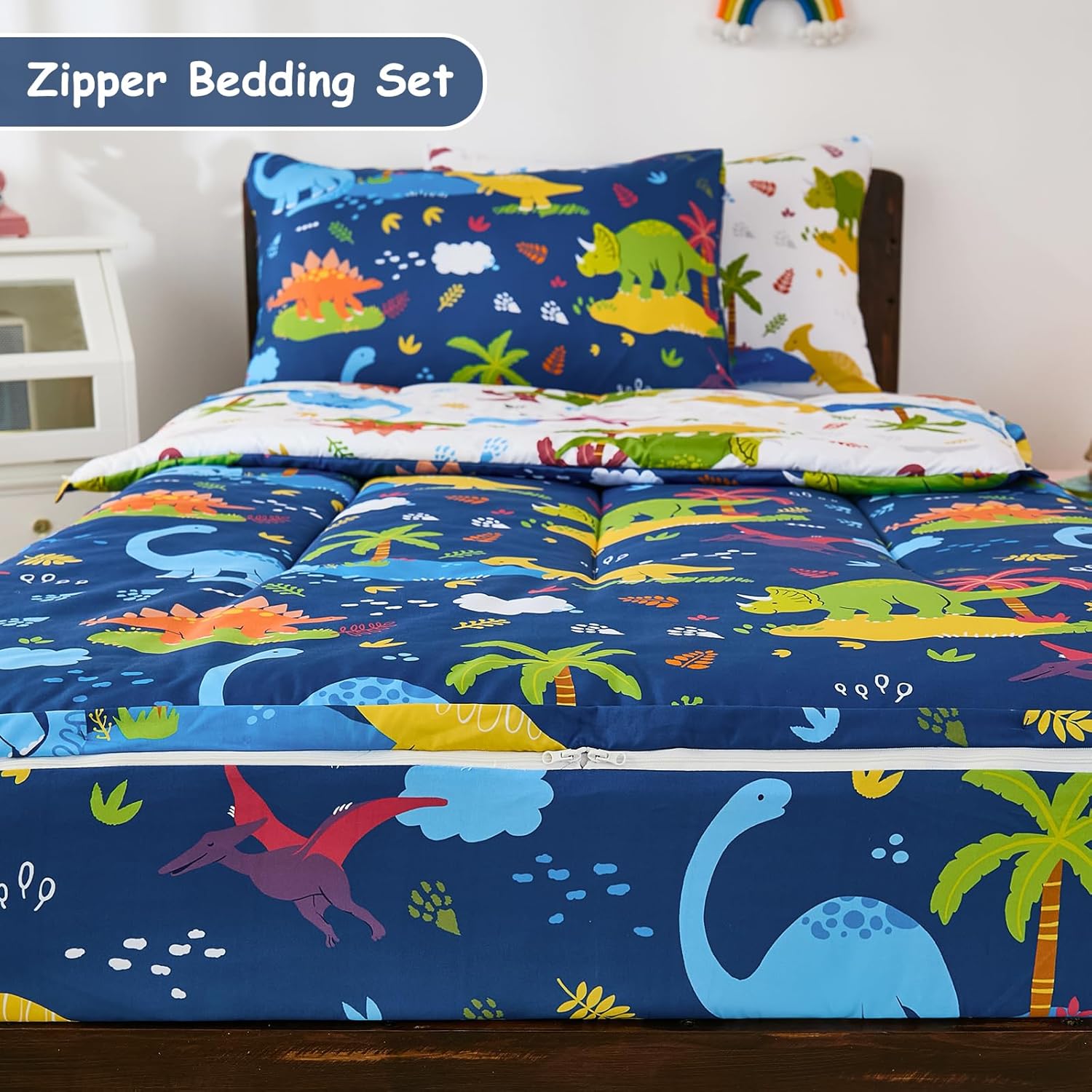 DJY Zipper Bedding Set Full, Navy Blue Dinosaur Bedding Sets for Boys, Kids Comforter Set with Fitted Sheet Pillowcases, All in One Zipper Bed Set for All Seasons - Image 3