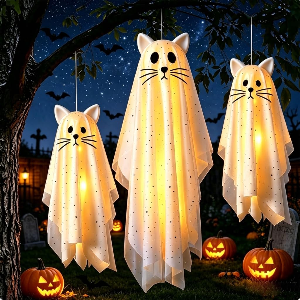 Miękkie światło zestaw wiszących figurek na Halloween, podświetlany 3-częściowy sezonowy akcent na okno na werandę i do użytku wewnątrz