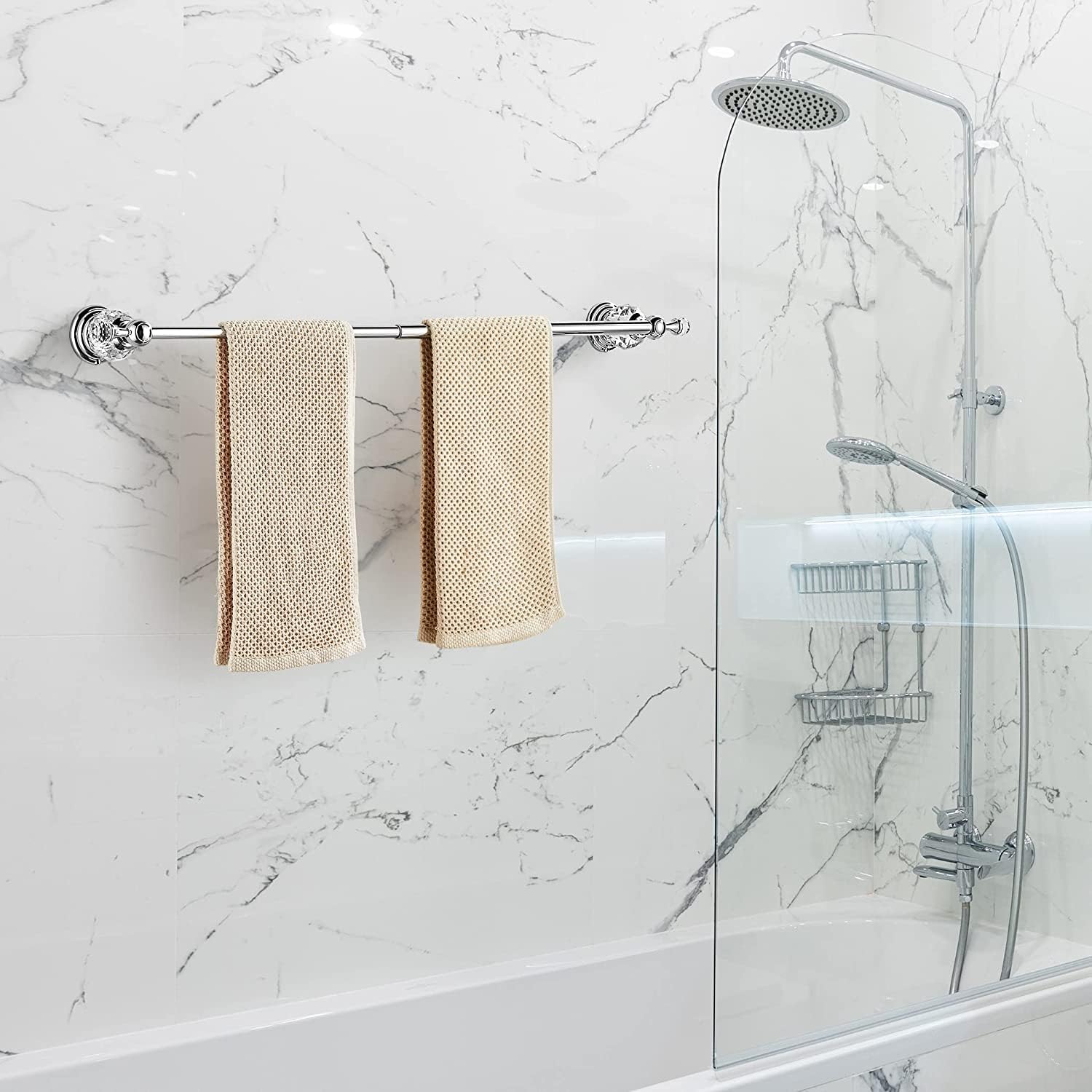 Leyden Crystal Bathroom Hardware Set, Chrome Bathroom Accessories Silver Towel Ring Towel Bar Toilet Paper Holder Coat Hooks Wall Mounted Polished 4 Pieces with Crystal Ball Base Designed