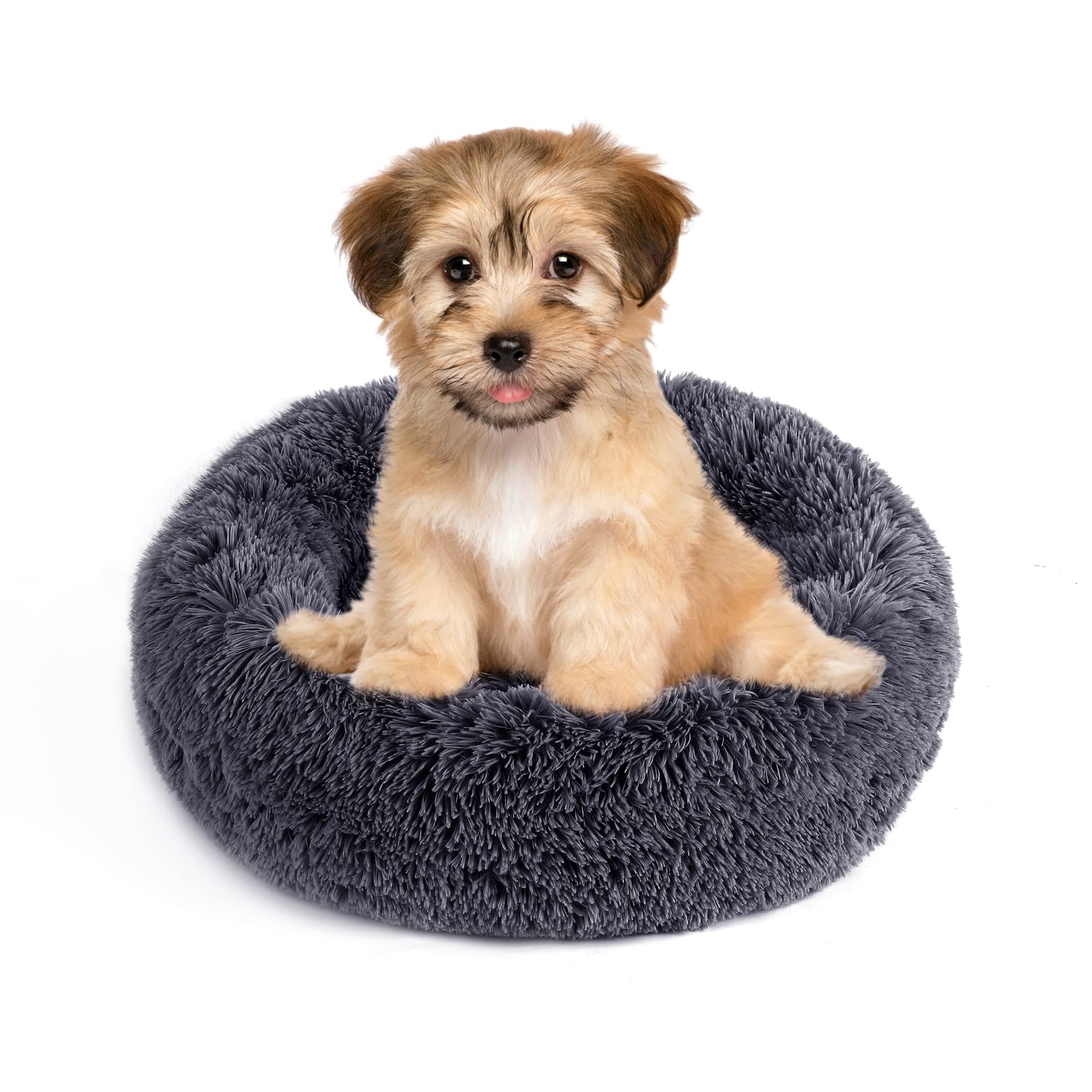 NOYAL Calming Donut Dog Bed for Small to Medium Dogs & Cats - Plush Faux Fur Anti-Anxiety Pet Bed with Machine Washable Cover & Non-Slip Base