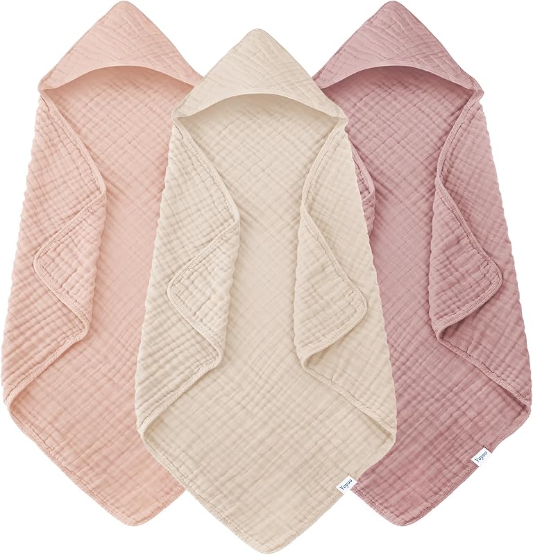 Toallas de baño de muselina con capucha para bebé, paquete de 3 toallas ultrasuaves 100% algodón para recién nacidos, bebés y niños pequeños, 32 x 32 pulgadas, altamente absorbentes, elementos esenciales de secado rápido para la hora del baño, playa, pileta, serie neutra