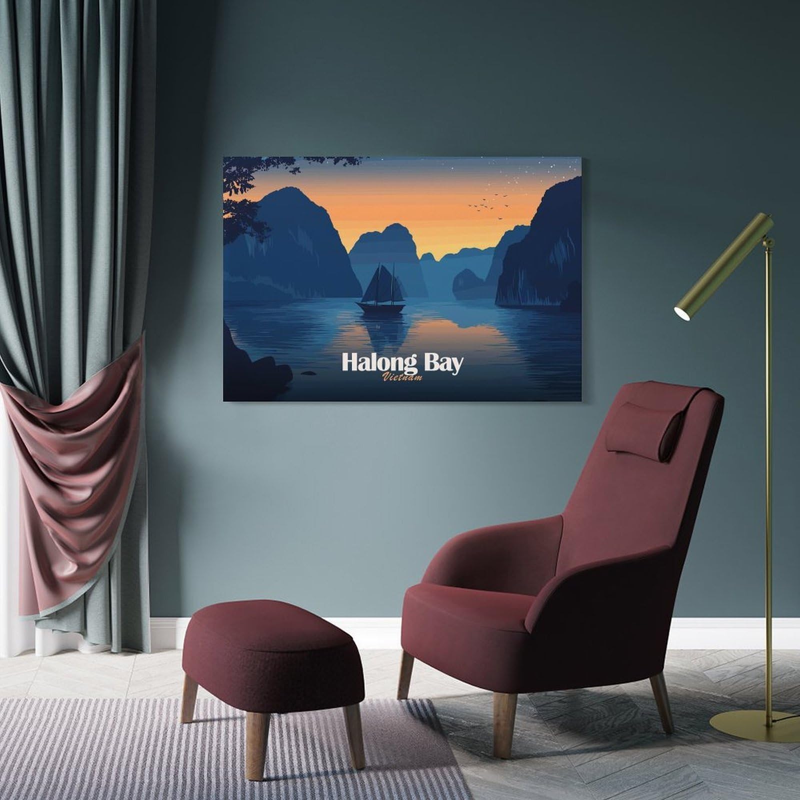 Junmoney Frame-Style-14 Halong Bay, Vietnam At Sunset Decorative Wall Artwork, 20X30inch(50X75cm), For Home Lounge, Bedroom Or Reading Nook, Easy Decor For Gallery Walls