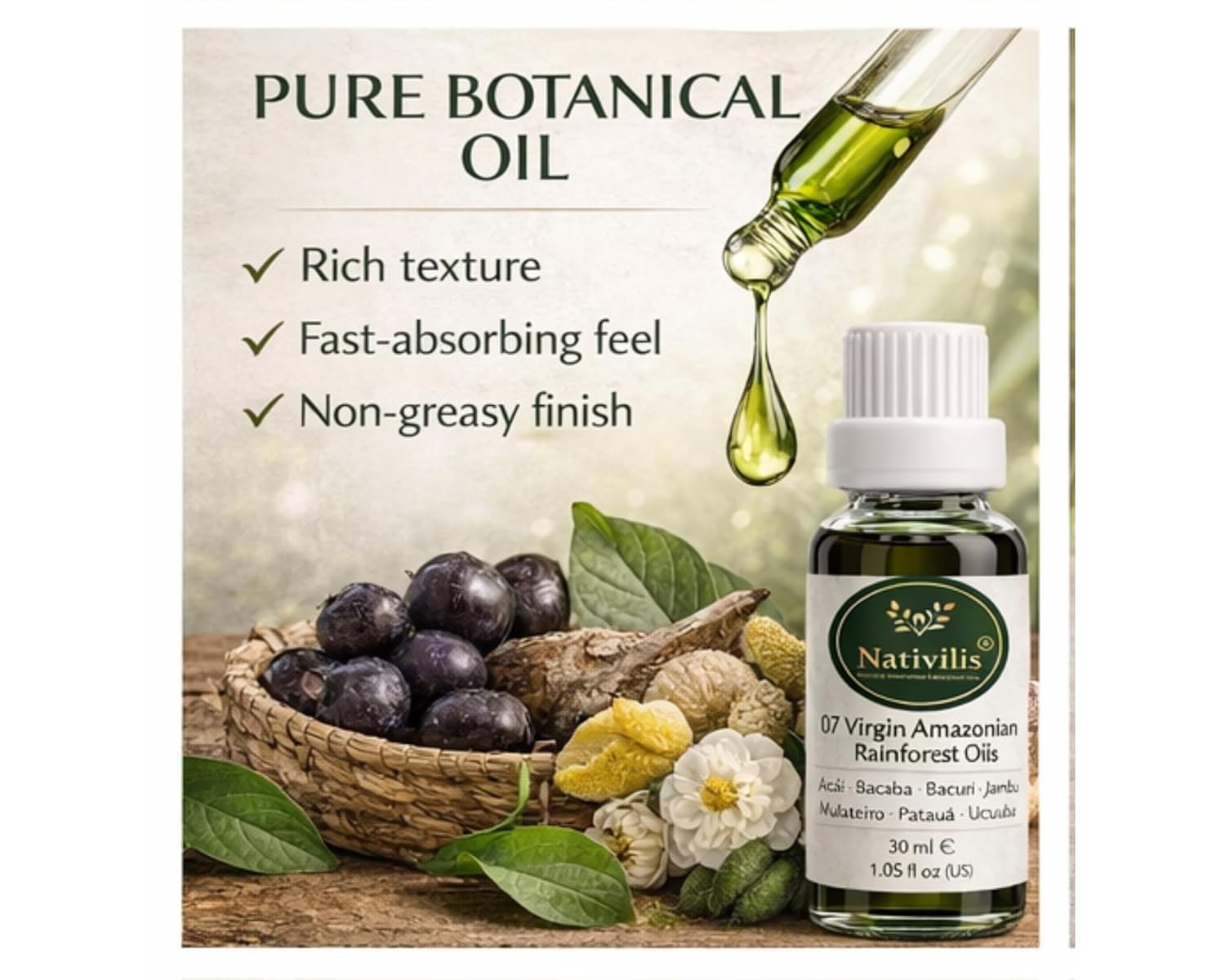 Nativilis 07 Virgin Amazonian Rainforest Oils - ACAI - BACABA - BACURI – JAMBU - MULATEIRO - PATAUA – UCUUBA - enriched seven vegetable facial oils for skin care powerful anti-aging COPAIBA properties