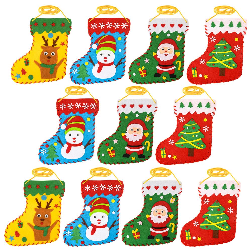 TOYANDONA Set di 12 calzini natalizi in feltro da fare da soli, con motivi Babbo Natale, renne, pupazzo di neve e abete, ideale per cucire calze a mano. Decorazioni di