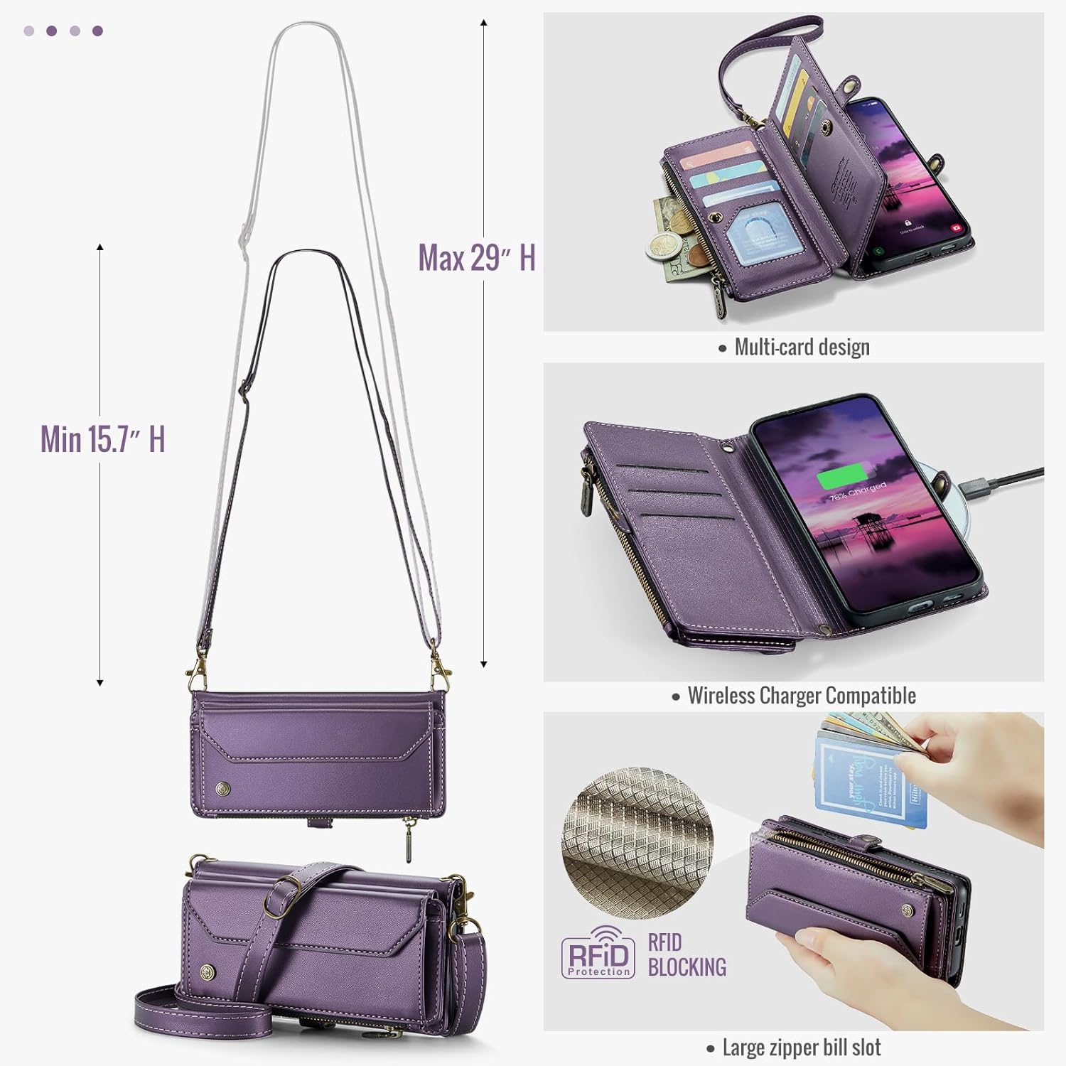 for Samsung Galaxy S26 Plus 6.7" 2026 Case, Women Men Multi-Function Wallet Case with Stand RFID Blocking Featuring Magnetic Closure Zipper Includes Shoulder Strap Wrist Strap S26+ (Purple)
