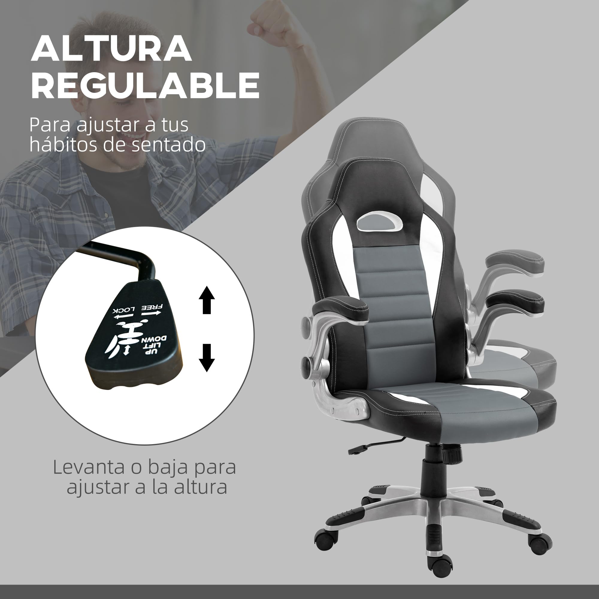 HOMCOM Silla de Oficina Silla de Escritorio Ajustable Silla de Despacho con Reposabrazos Abatibles 5 Ruedas y Función Basculante Carga 120 kg 65x69x112-122 cm Gris