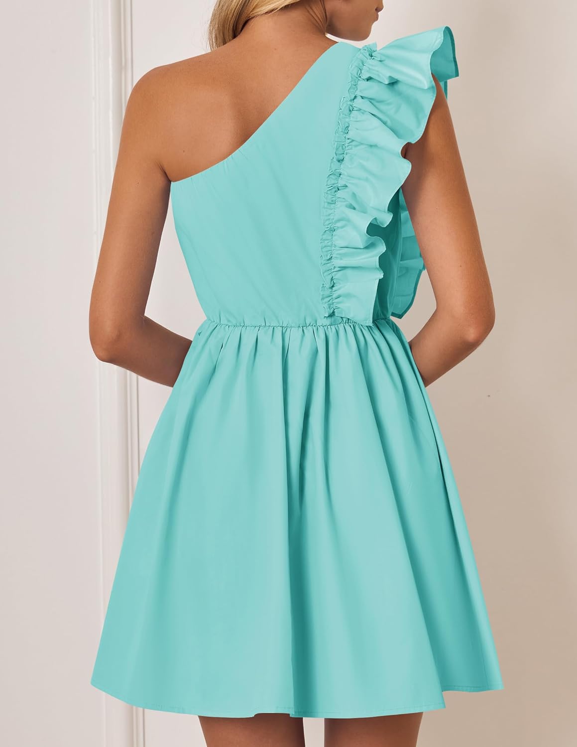 ZESICA Women's Summer One Shoulder Ruffle Dress Boho Sleeveless Elastic High Waist Swing Mini Dresses - Image 4