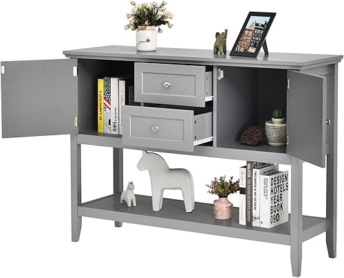Miniatura 4 de Giantex Aparador de buffet, armario de almacenamiento de madera, mesa consola con estante de almacenamiento, 2 cajones y armarios, muebles de sala