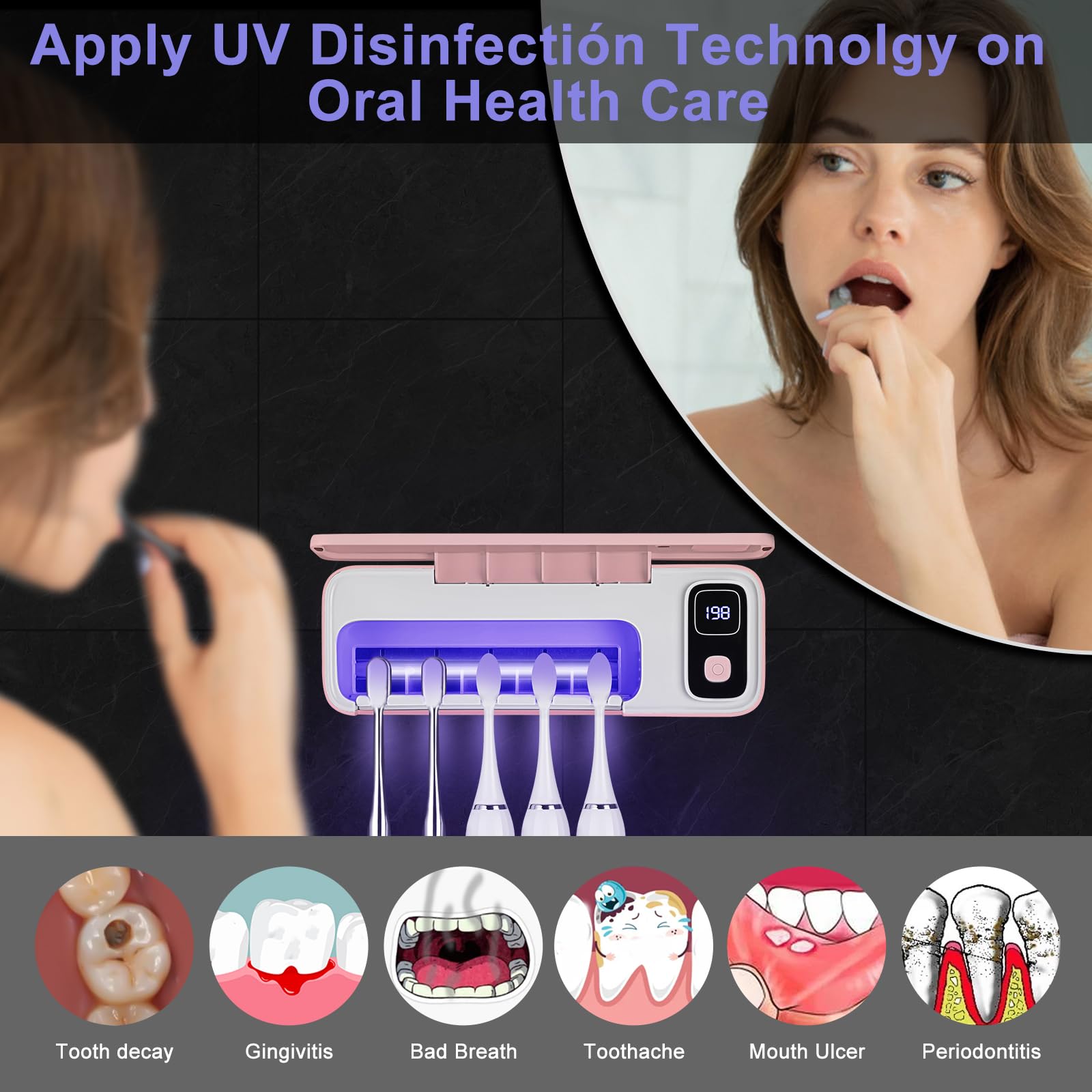Soporte para cepillo de dientes San itizer, soporte para cepillo de dientes de pared con luz, 5 ranuras, soporte para cepillo de dientes recargable, funda para cepillo de dientes con secado al aire