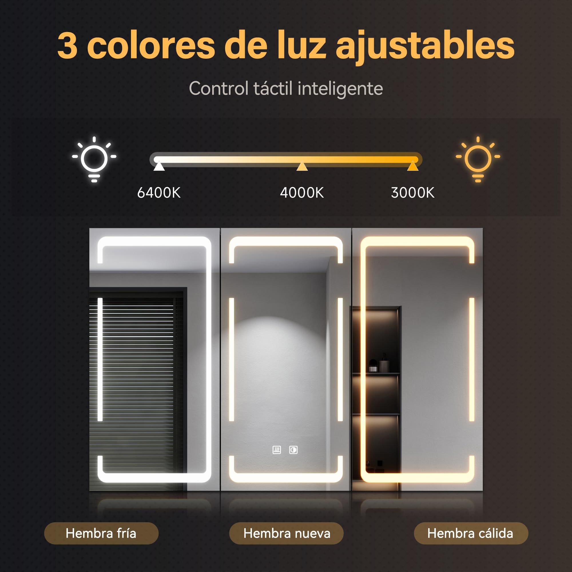 SONNI Armario Baño Espejo con Iluminación LED, Mueble Espejo Baño LED Antivaho Regulable en 3 Colores, Armario con Espejo de 3 Puertas con Bisagra Inalámbrica 90x60x14cm