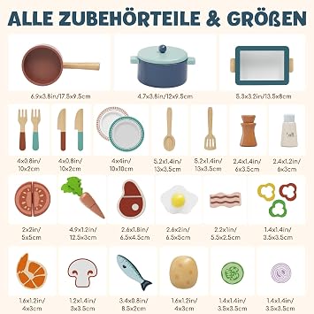 Lehoo Castle Kinderküche Zubehör Spielküche Zubehör Holz Kinder Küchenset Kinderküche Geschirr mit Töpfe und Kochgeschirr Spielzeug ab 3 Jahre