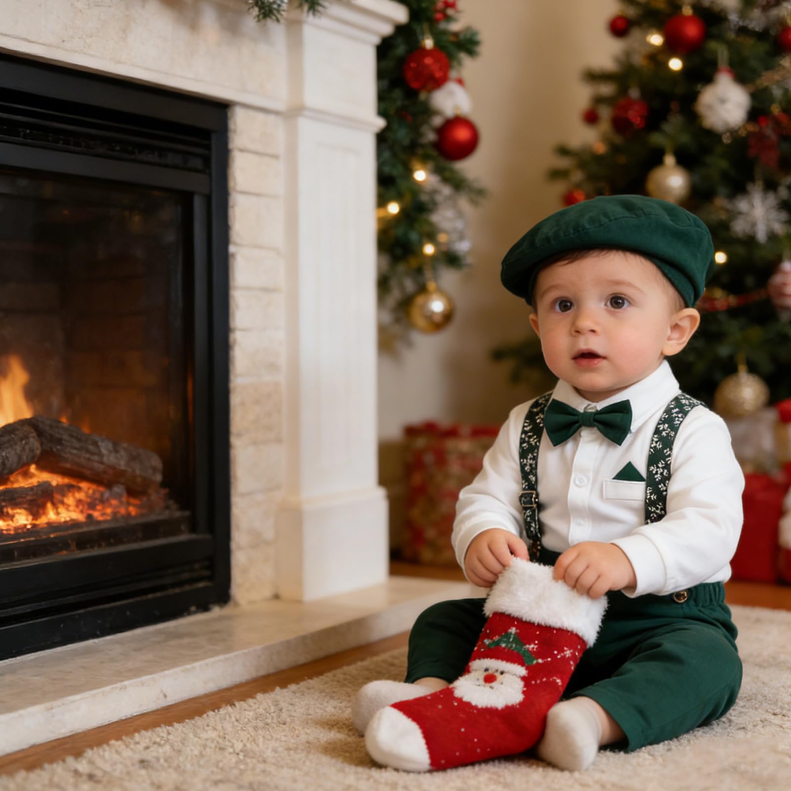 Weihnachtsanzug für Jungen mit Fliege, Hosenträger & Flachmütze - Festlicher Strampler im Gentleman-Look für Babys