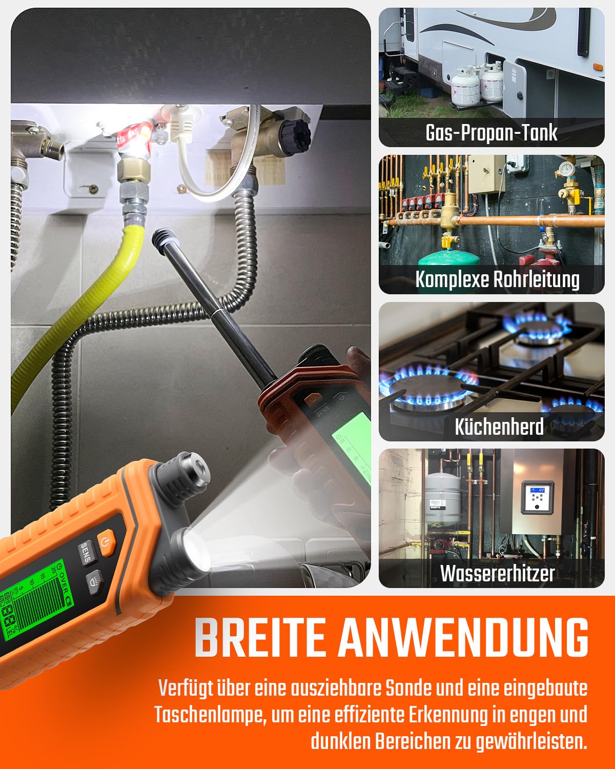 TopTes PT760 Wiederaufladbarer Erdgas-Detektor, Gaslecksuchgerät mit 30 cm ausziehbarem Sonde,%LEL Propanglecksuchgerät mit eingebauter Taschenlampe für Methan, Butan, brennbare Gase für Zuhause