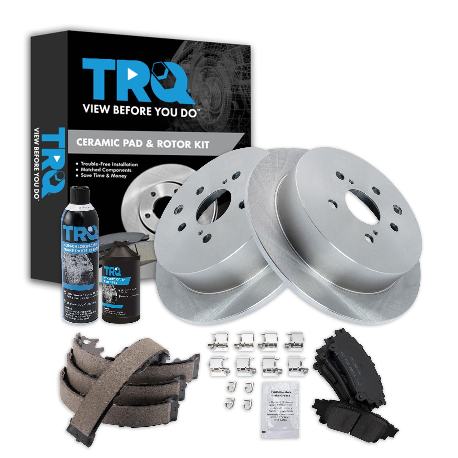 TRQ Rear Brake Pad &amp; Rotor Kit, with Chemical Kit Parking Brake Shoe Set Ceramic Compatible with 2010-2015 Lexus RX350 RX450h 2014-2019 Toyota Highlander 2011-2020 Sienna