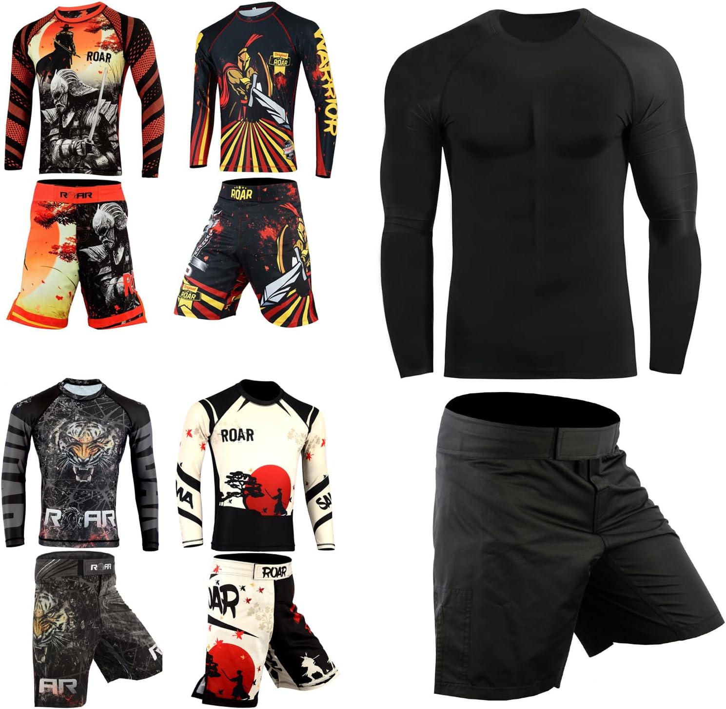 ROAR-INT 2Pcs No Gi BJJ Men Rash Guard Set, MMA Shorts Grappling Jiu Jitsu Gym Training Athletic Muay Thai Compression Set