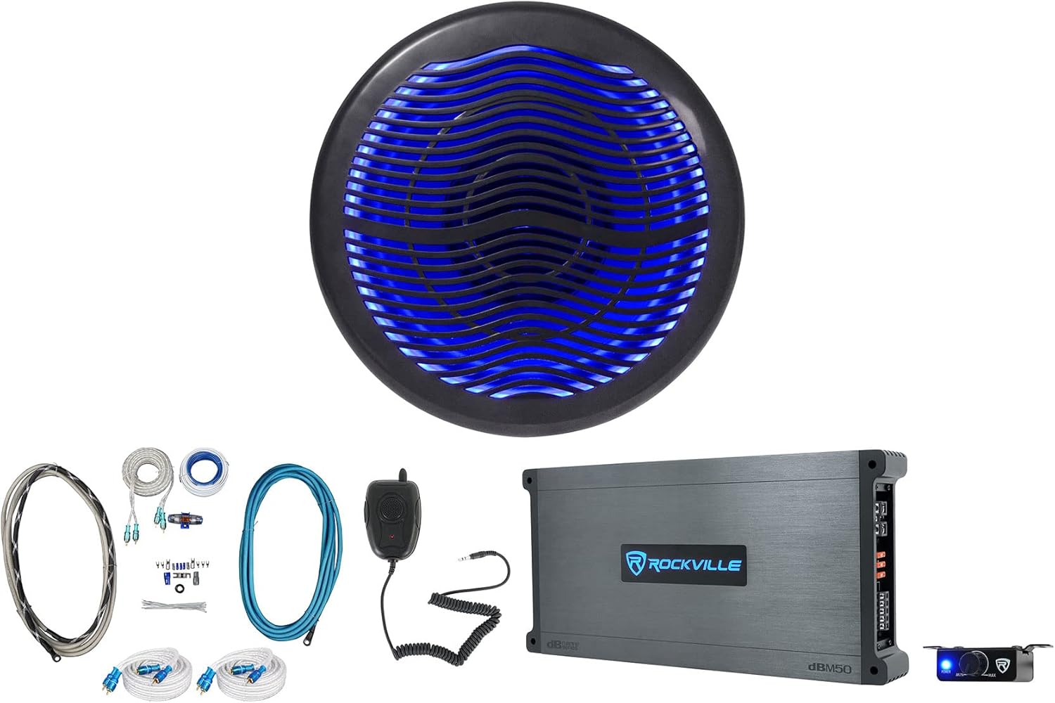 Rockville MS10LB Bundle: 10" 2400-Watt Peak Black Marine Free Air Subwoofer, DBM50 980-Watt RMS 5 Channel Boat Amplifier with Mic, RMWK4 4-Gauge Amp Wiring Kit, (2) MRCA25 25 ft RCA Cables, 5-Items