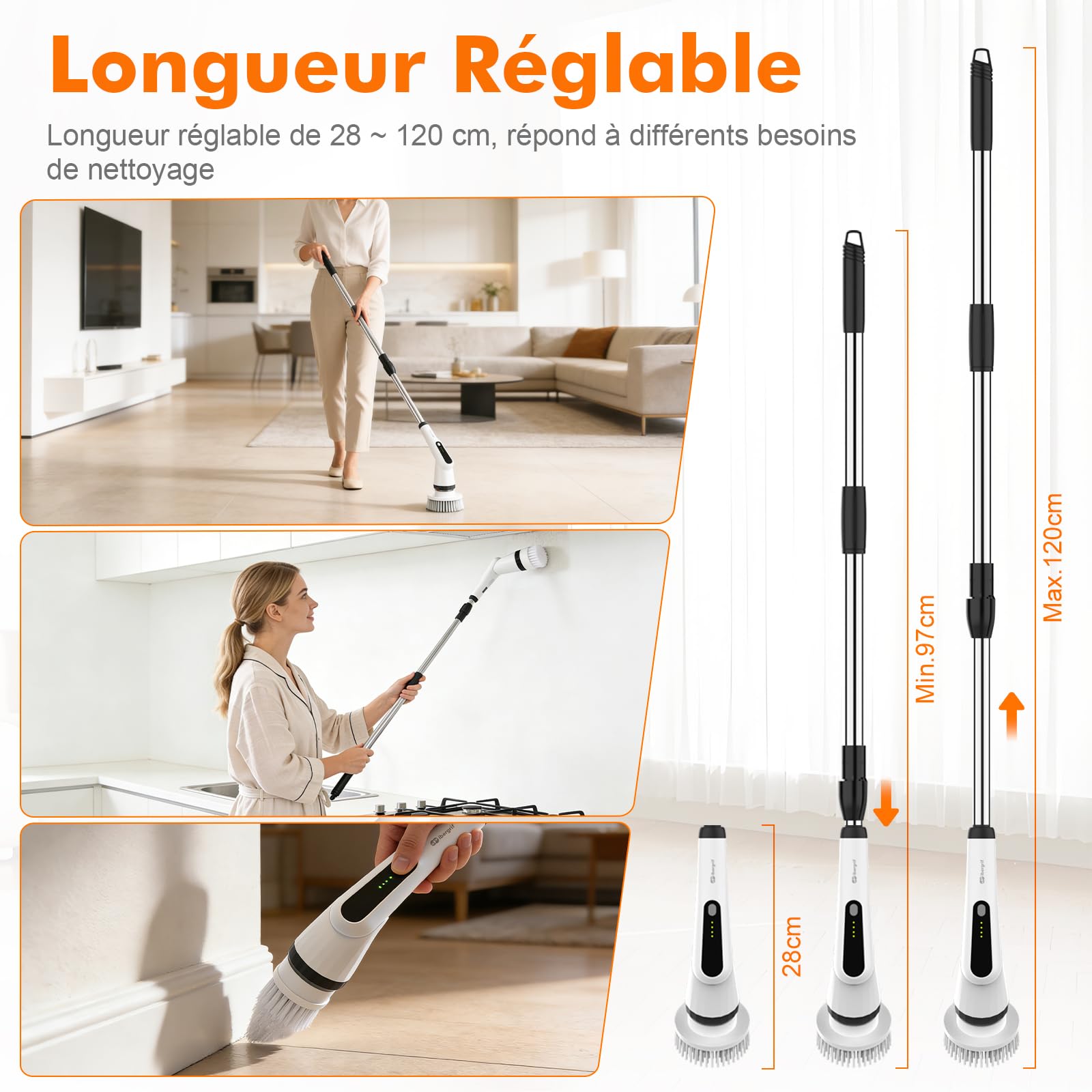 Ibergrif Brosse de Nettoyage Électrique Rotative 6 en 1, Brosse sans Fil pour Salle de Bain, Carrelage, Douche et Joints, IPX7 Étanche, Manche Télescopique Réglable