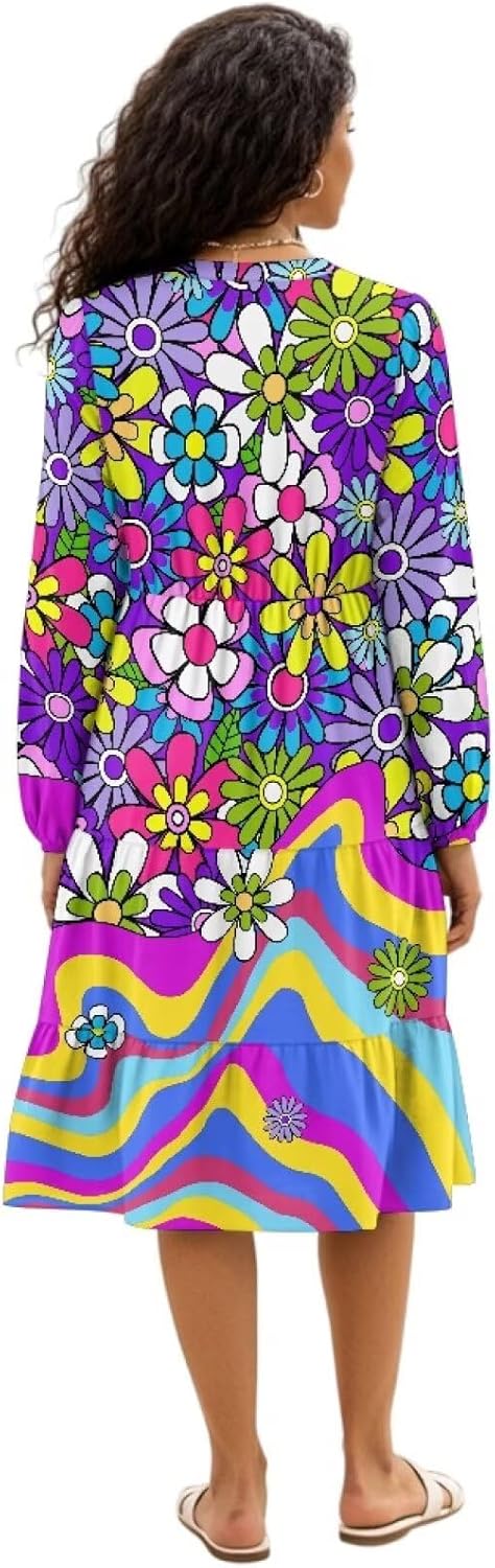 Womens Doll Sleeves Fall Dresses V Neck Midi Dresses Fashion Casual Fit Flowy Tiered Boho Beach Vacation Sundress