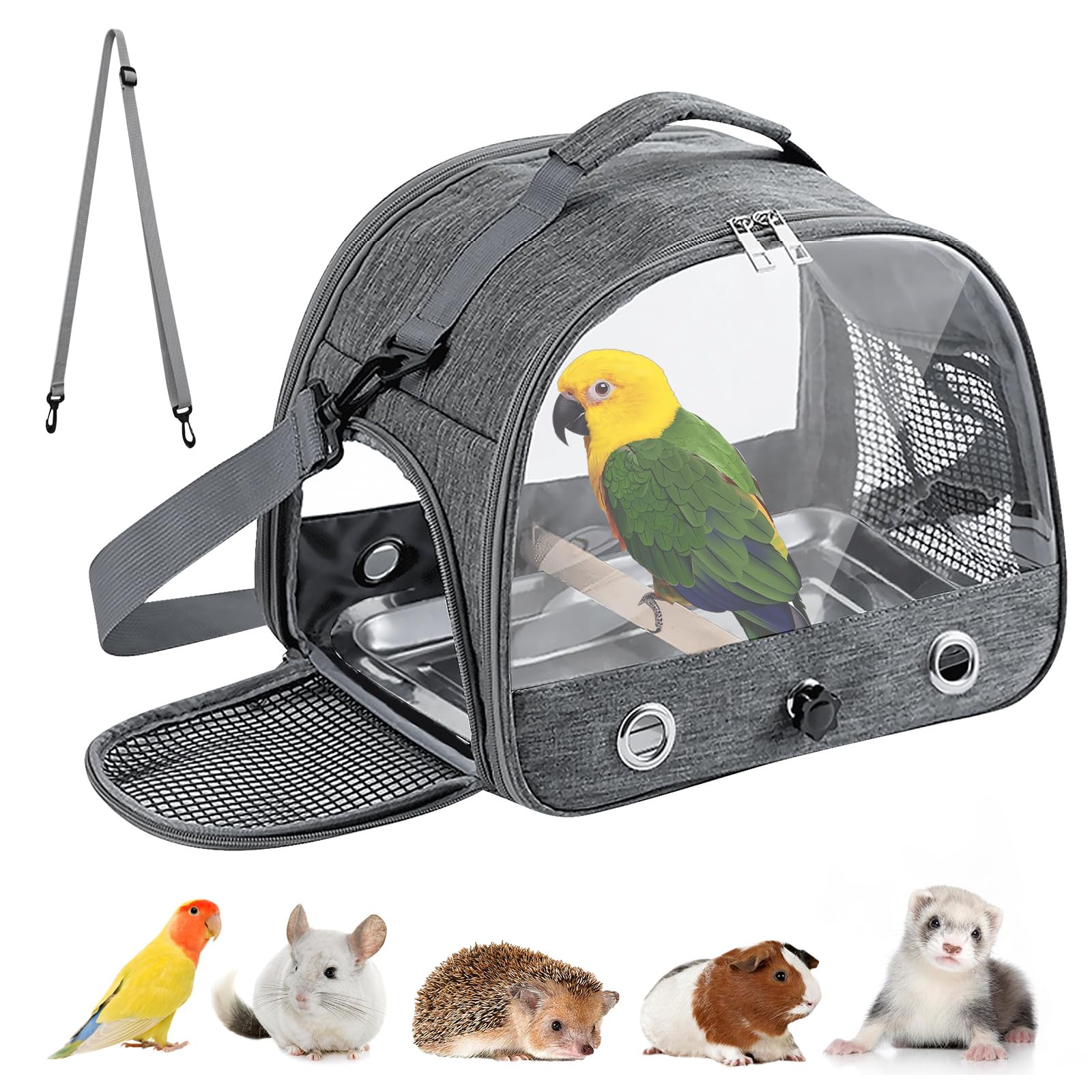 Bolsa de transporte portátil para pájaros, jaula para pájaros, loros, periquitos, animales pequeños para viajes, senderismo, camping, con barra de pie y bandeja de acero inoxidable