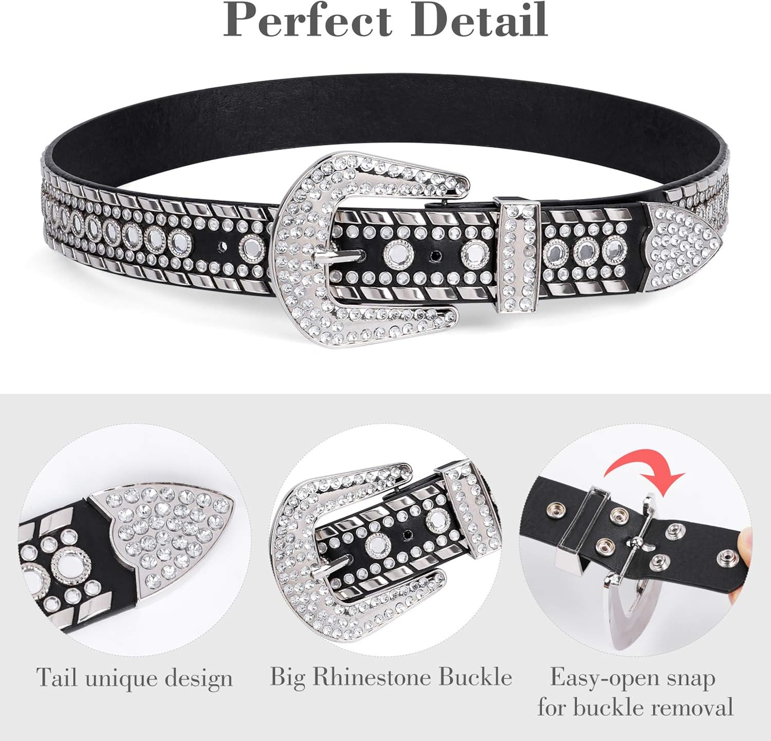 Miniatura 6 de SUOSDEY Cinturón de cuero con diamantes de imitación para hombres y mujeres, vaquero occidental, vaquera, con tachuelas, para pantalones vaqueros