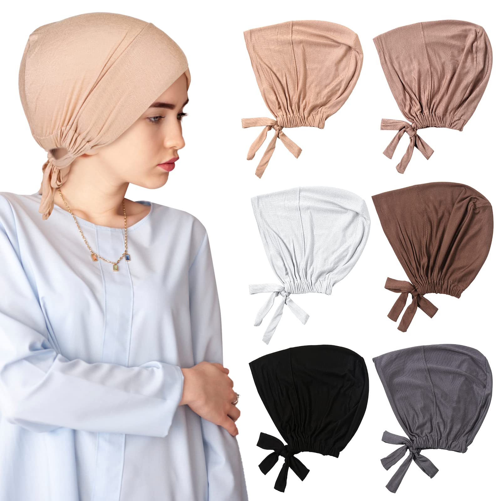 Vegena 6 Stück Frauen Undercap Hijab Muslim Kopftuch Damen Unterschal Elastische Atmungsaktive Unterkappen Turban