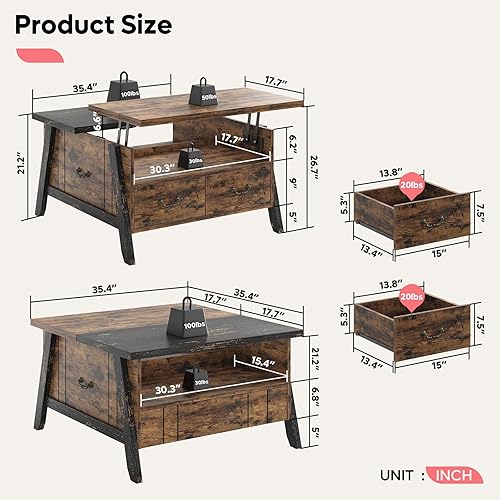 Miniatura 3 de Bestier Mesa auxiliar elevable para sala de estar, mesa de centro de madera moderna de mediados de siglo con luces LED y cajones de almacenamiento,