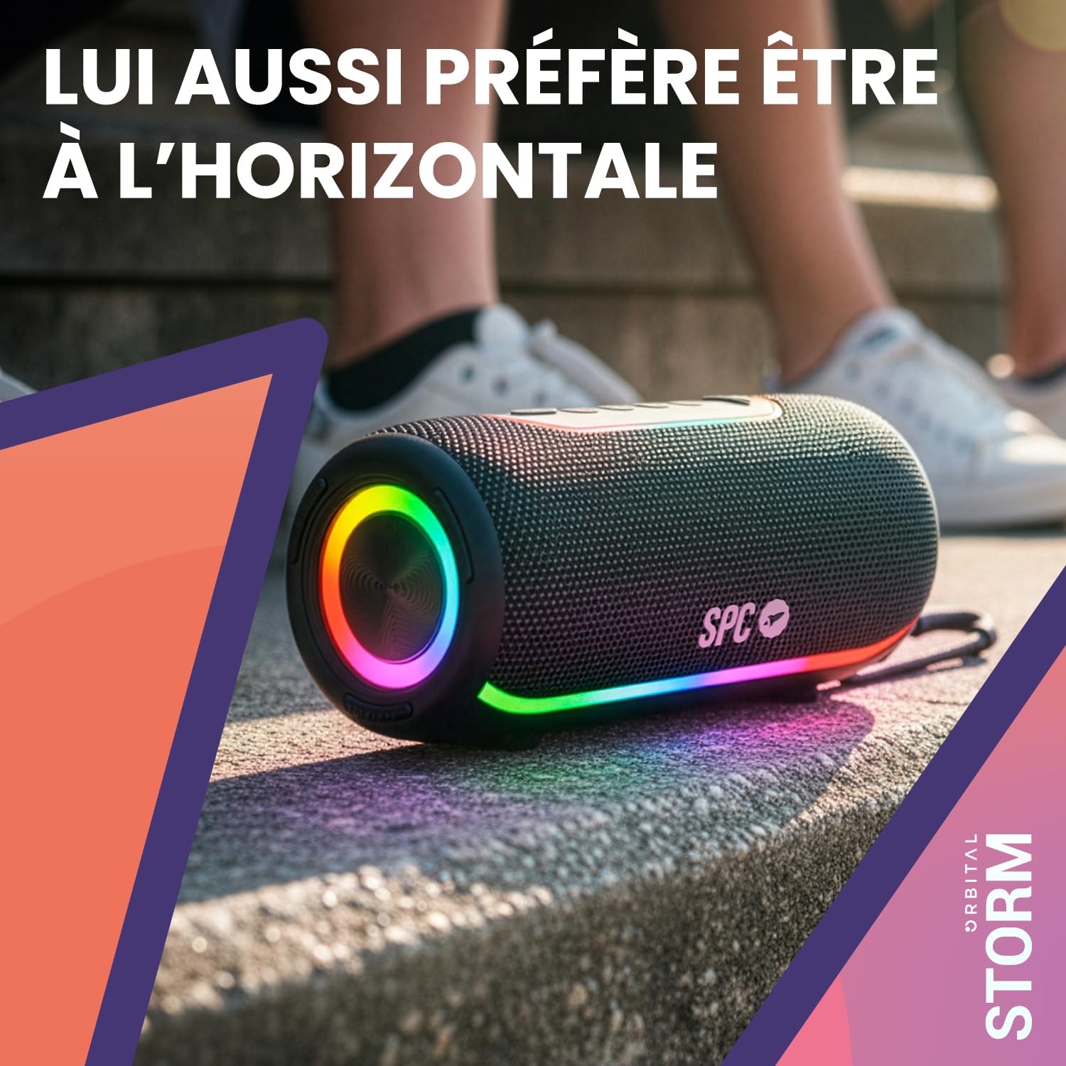 SPC Orbital Storm – Enceinte Bluetooth puissante 60W Portable avec lumière LED 360° | Jusqu’à 20h d’autonomie | Étanche IPX6 | True Wireless | USB, microSD, Jack 3,5mm | Enceinte avec Sangle