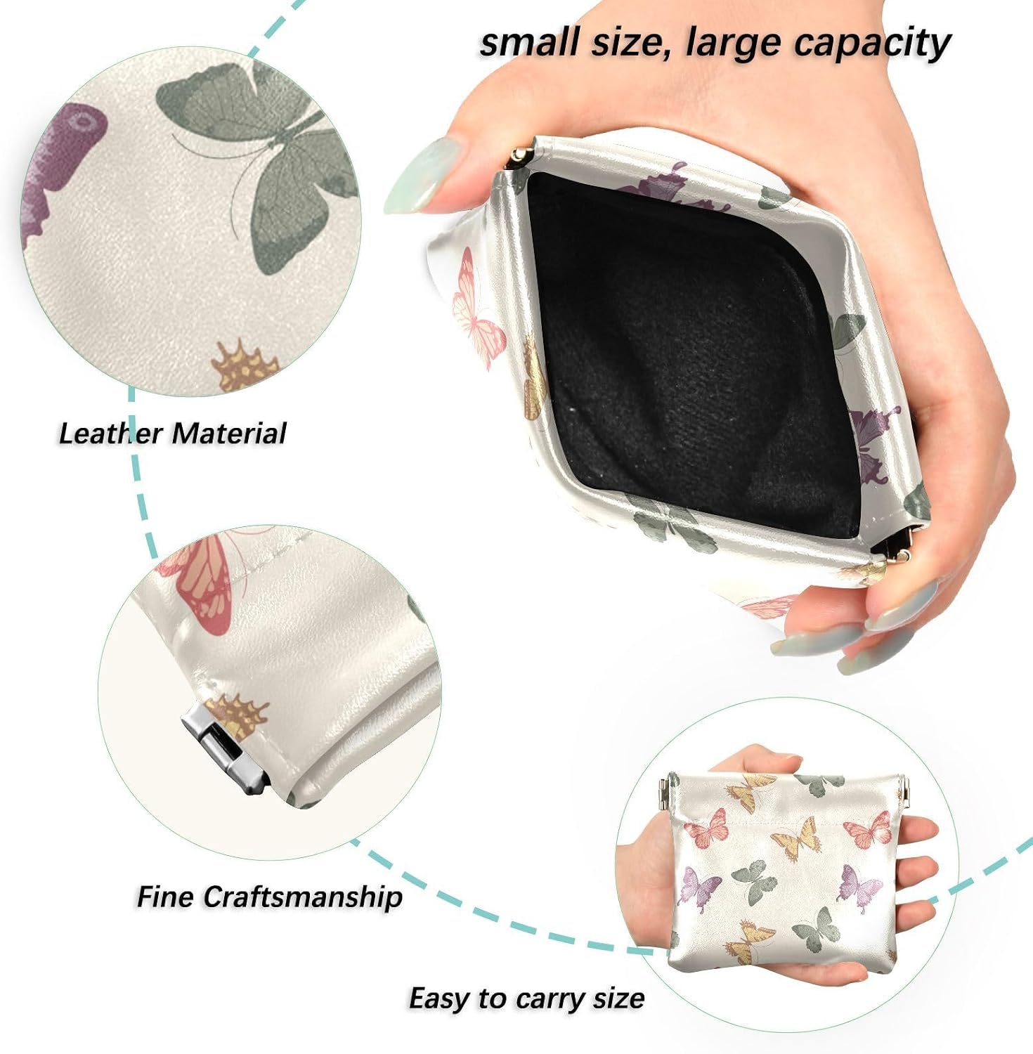 Butterfly Beige Coin Purse for Women Squeeze Coin Pouch Small Coin Bag Wallet PU Leather Mini Change Holder Lady Mother Gifts image 2