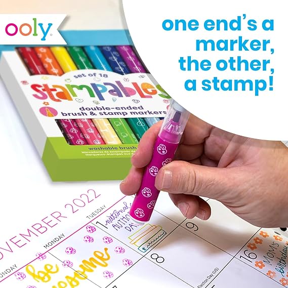Ooly 18 Double-Sided Stamping Markers- Brush Tip plus Stamp, Cute School Supplies - DOUBLE-ENDED STAMP MARKERS