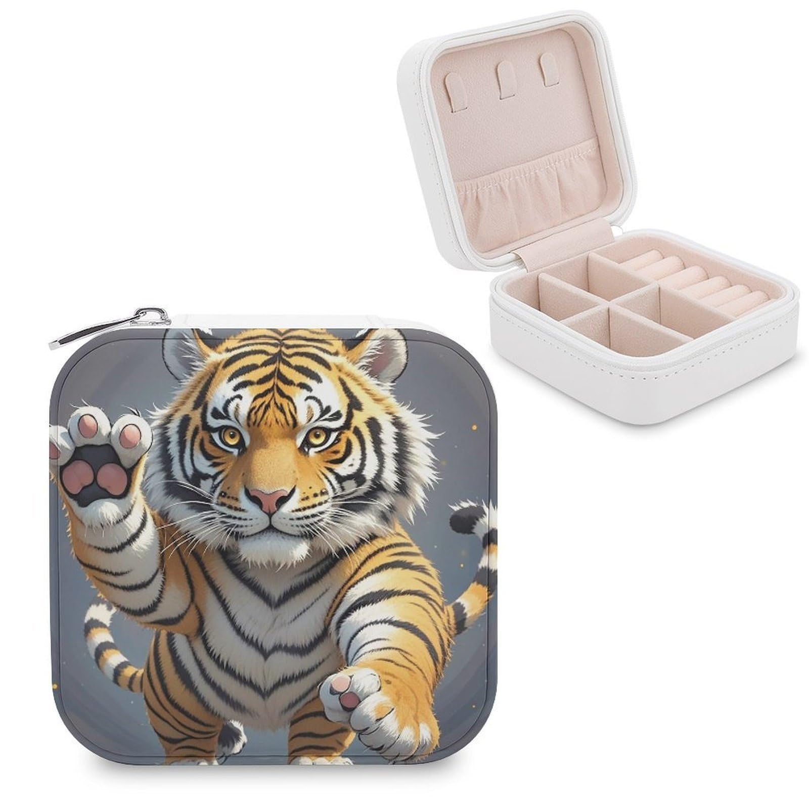 LZQPOEAS Tiger Head with Raised Paws Jewelry Box Mini Jewelry Travel Case Trendy Stuff Ring Box Custom PU Leather Jewelry Boxes Portable Jewelry Case Earring Storage Organizer for Girls Women