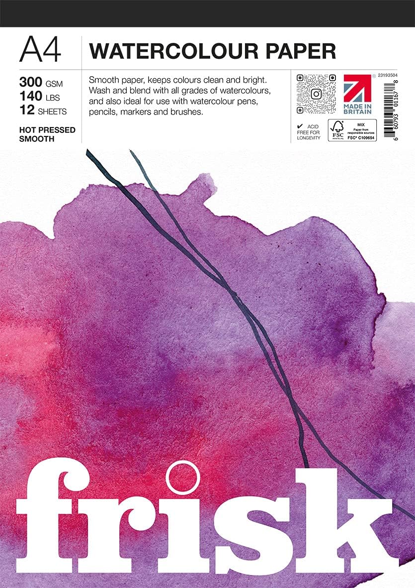 Frisk Watercolour Paper Pad 300gsm Hot Pressed/Smooth 12sheets A4, White
